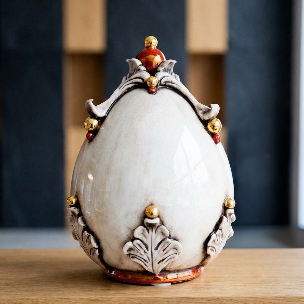 Sicilian Decorative Ceramic Egg H 22 cm / 8.7", Mother of Pearl – Italian ceramic from Caltagirone, Sicily
