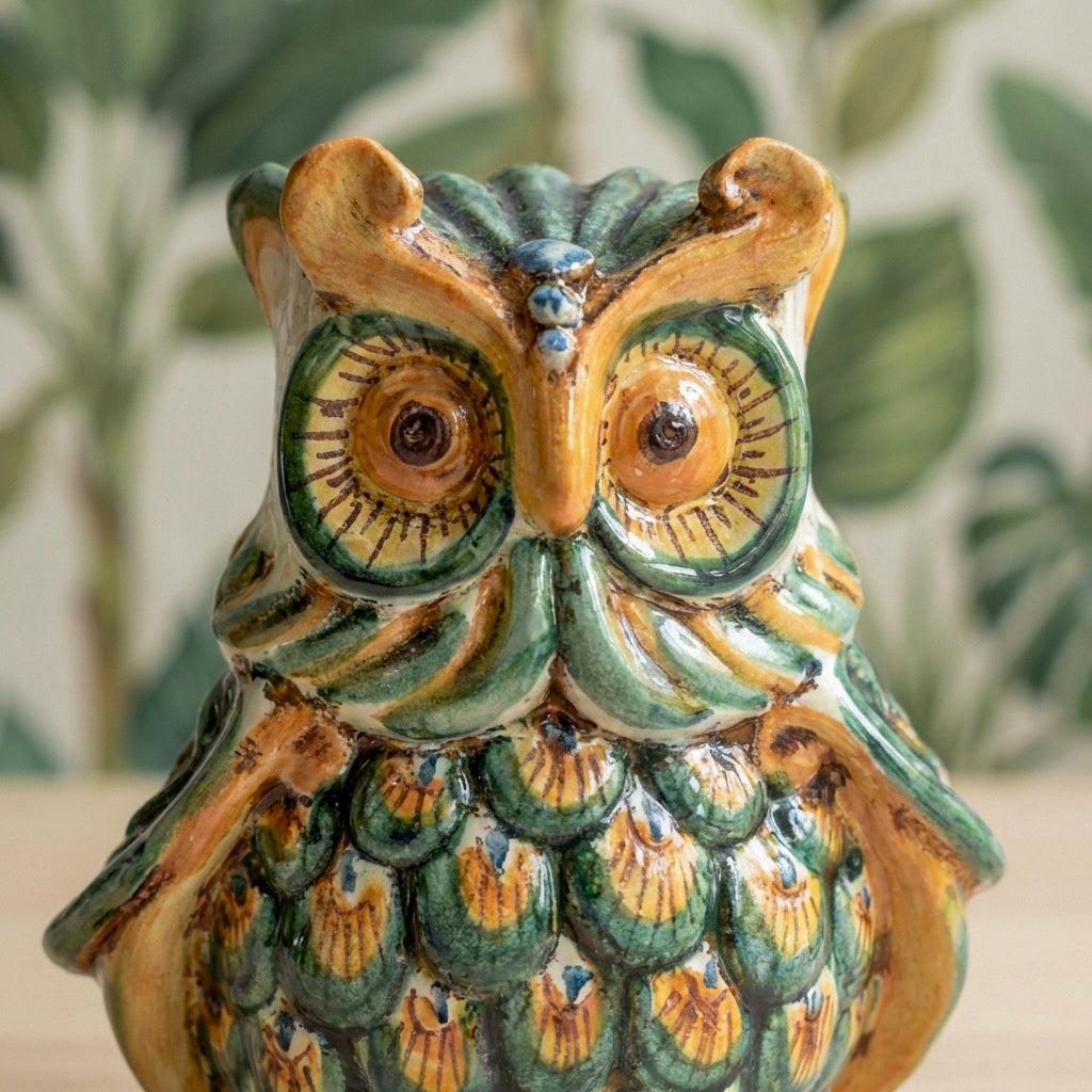 Sicilian Ceramic Owl H 15 cm / 5.9", Green and Orange – Caltagirone Ceramic – Sicilian artisan tradition