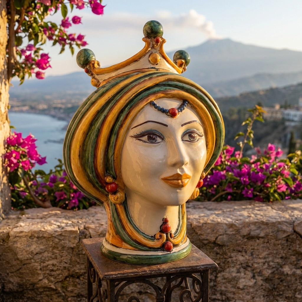 Sicilian Head Vase H 30 cm / 11.8", Woman, Green and Orange – Testa di Moro from Caltagirone, Sicily