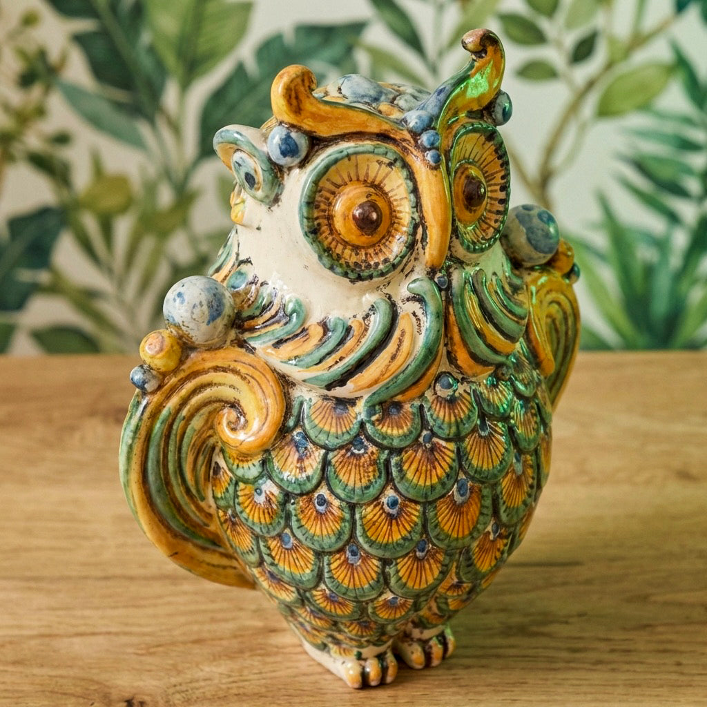 Sicilian Ceramic Owl H 30 cm / 11.8", Green and Orange – Italian ceramic from Caltagirone, Sicily