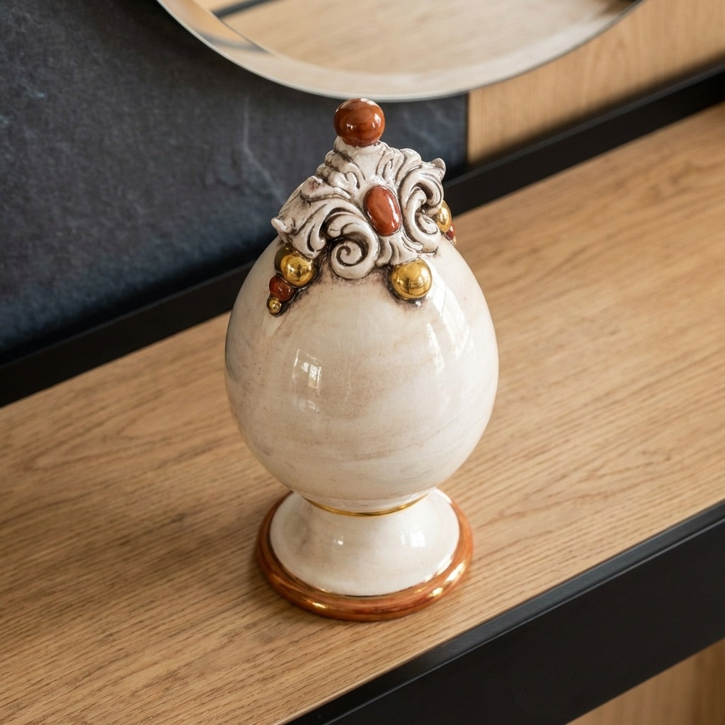Sicilian Decorative Ceramic Egg H 18 cm / 7.1", Mother of Pearl – Sicilian majolica handcrafted in Caltagirone