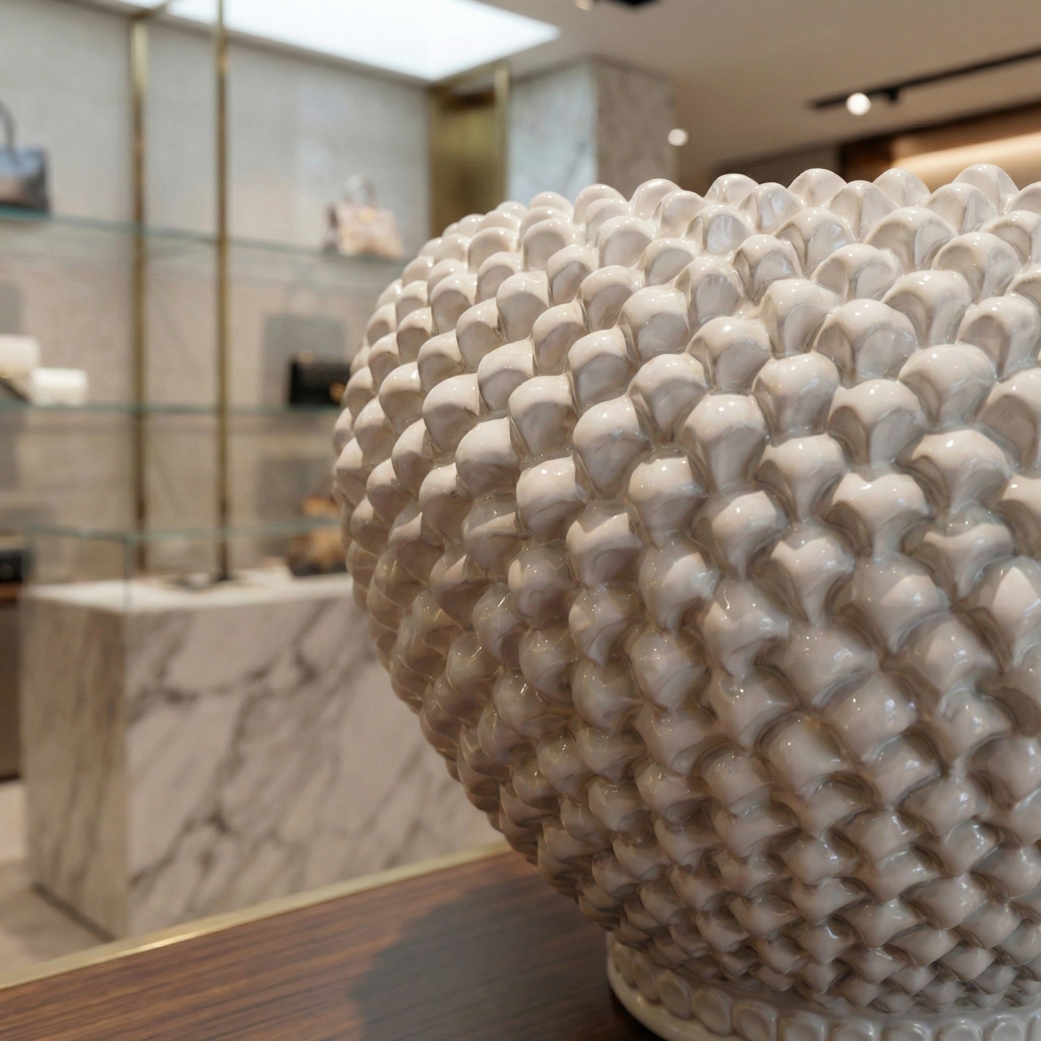 Pine Cone Cachepot, White Line – Sicilian majolica handcrafted in Caltagirone