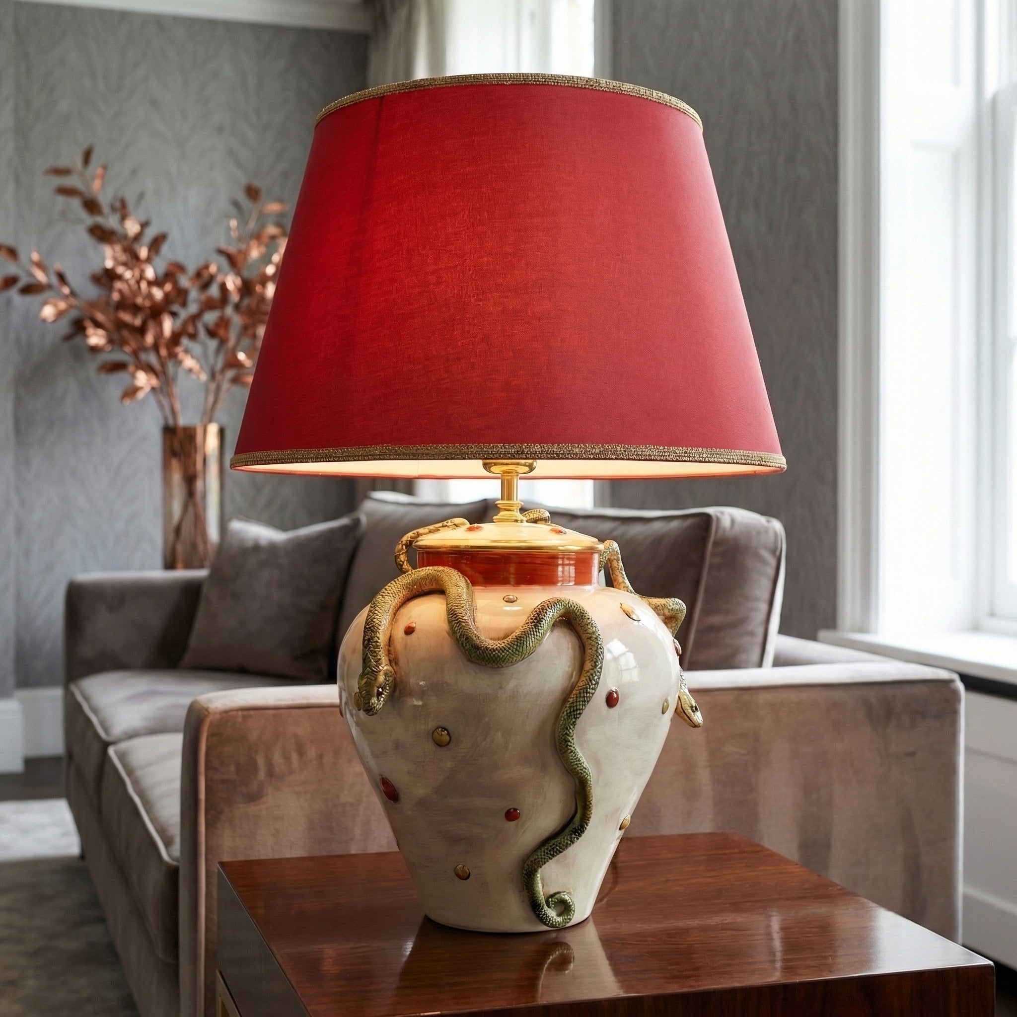 Italian Eden Ceramic Lamp H 30 cm / 11.8", Mother of Pearl – Caltagirone Ceramic – Italian ceramic lamp tradition