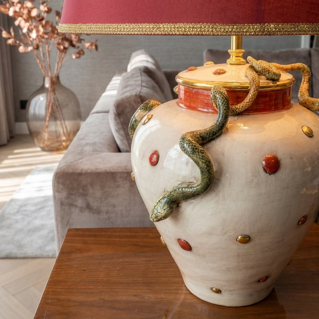 Italian Eden Ceramic Lamp H 30 cm / 11.8", Mother of Pearl – Caltagirone Ceramic – Italian ceramic lamp tradition
