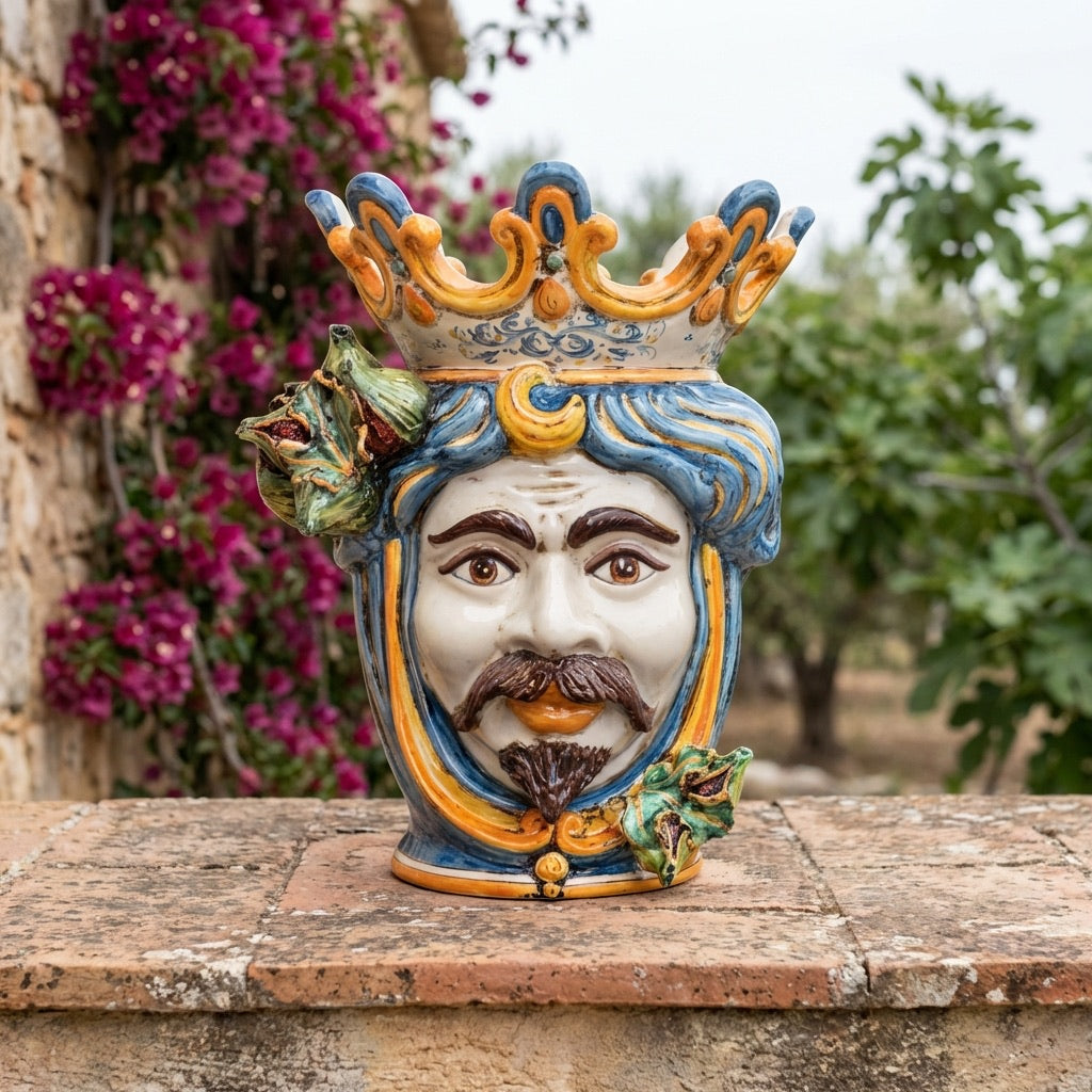 Sicilian Head Vase with Figs H 40 cm / 15.7", White Man, Blue and Orange – Testa di Moro from Caltagirone, Sicily