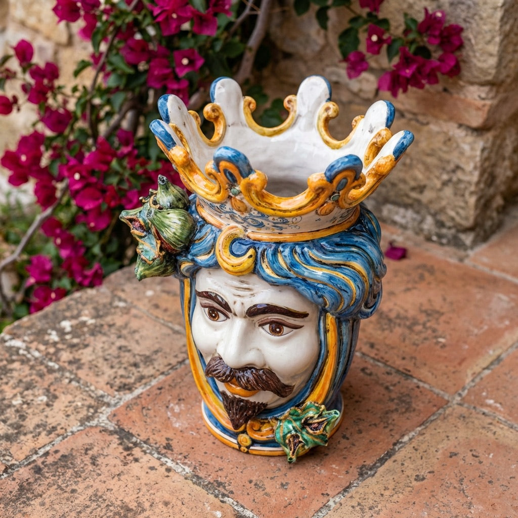 Sicilian Head Vase with Figs H 40 cm / 15.7", White Man, Blue and Orange – Testa di Moro from Caltagirone, Sicily