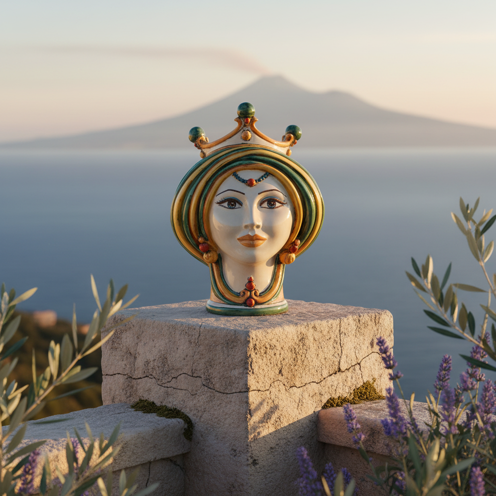 Sicilian Head Vase H 30 cm / 11.8", Woman, Green and Orange – Testa di Moro from Caltagirone, Sicily