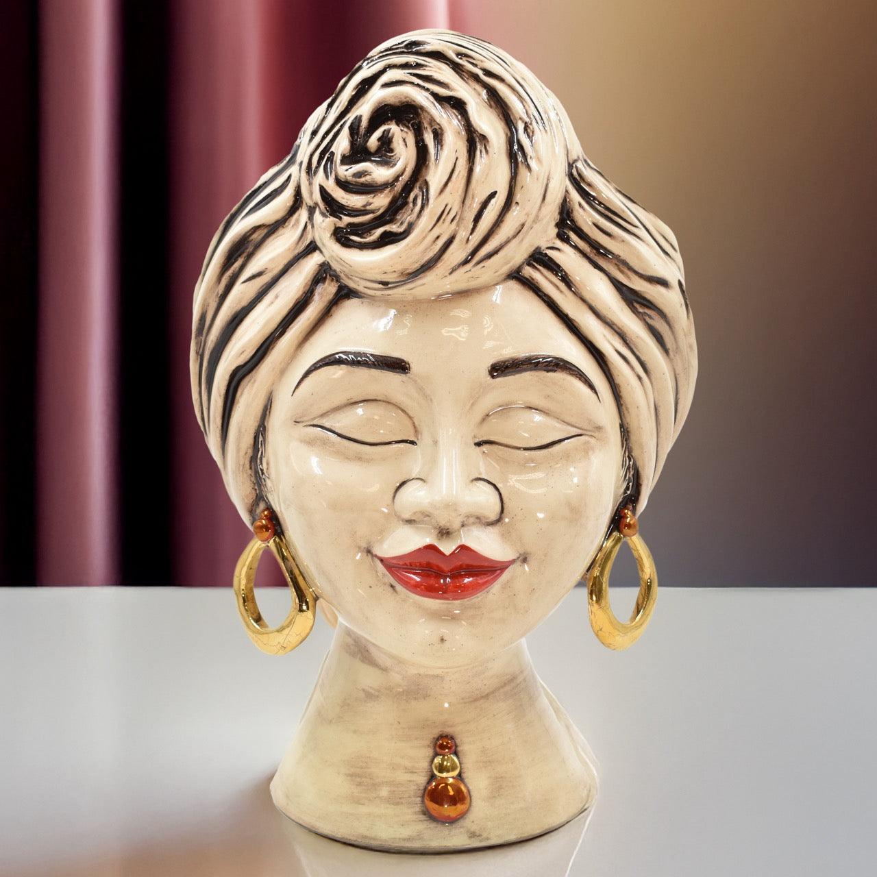 Testa sognia h 40 madreperla antichizzato oro lustri femmina viso lucido - Ceramiche di Caltagirone Sofia