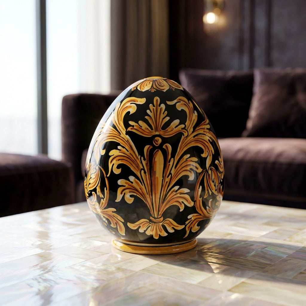 Sicilian Decorative Ceramic Egg H 20 cm / 7.9", Black Background – Caltagirone Ceramic – Sicilian artisan tradition