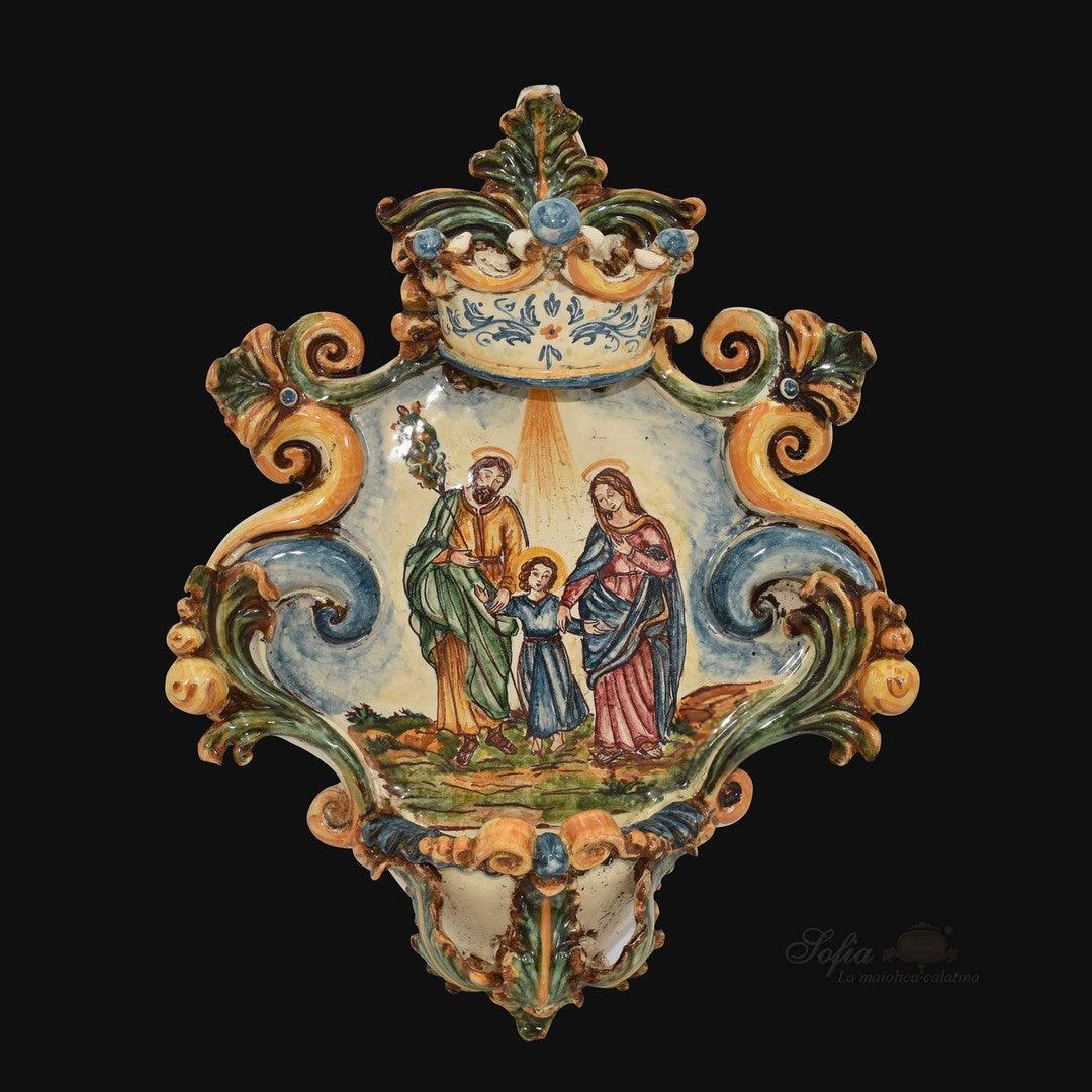 Ceramiche di Caltagirone fatti a mano con raffigurazione sacra, decoro barocco e colori vivaci