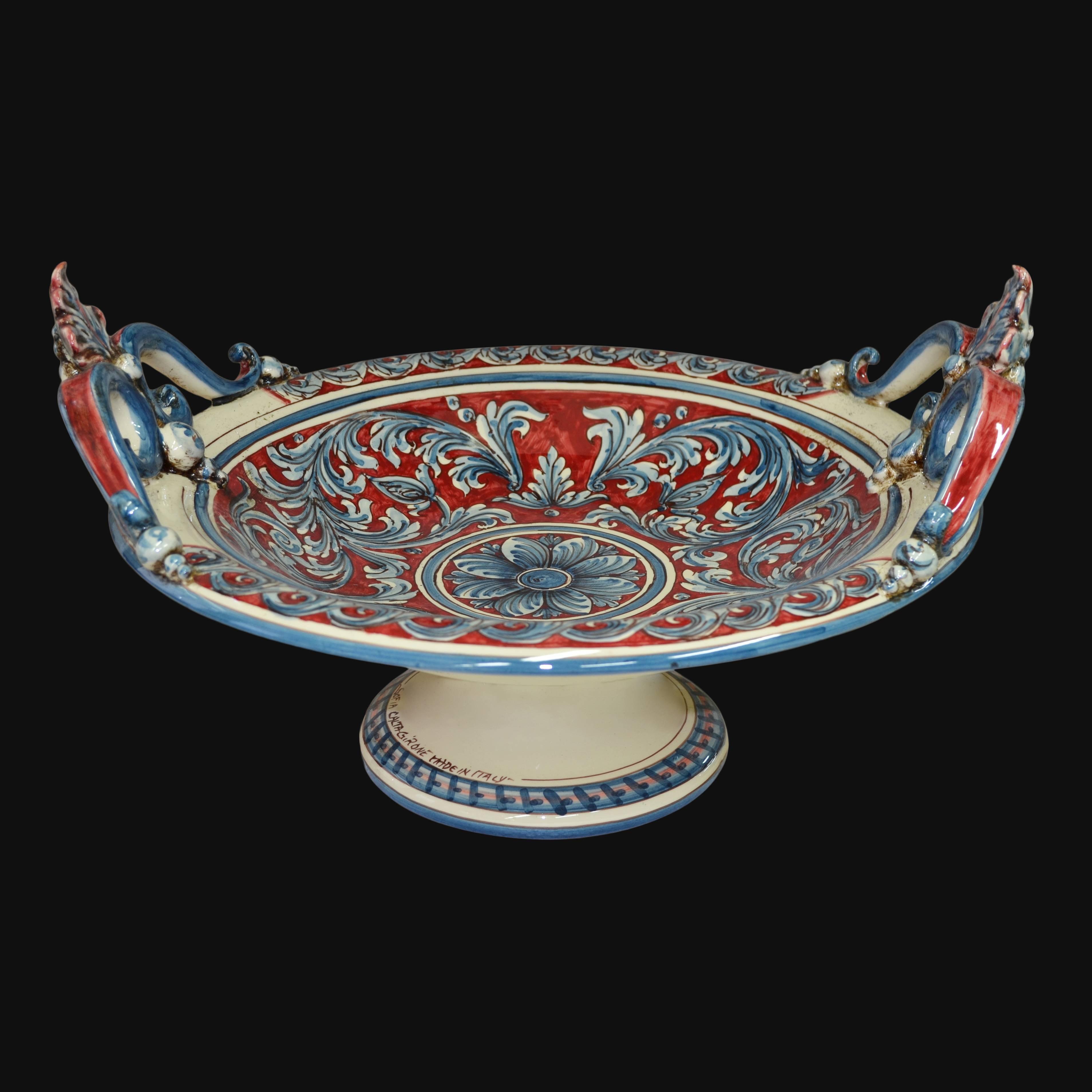 Ceramiche di Caltagirone fatti a mano, vassoio decorato rosso e blu con manici scolpiti
