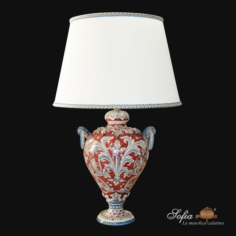 Lampada in ceramiche di Caltagirone fatta a mano, decoro rosso e bianco, stile tradizionale siciliano