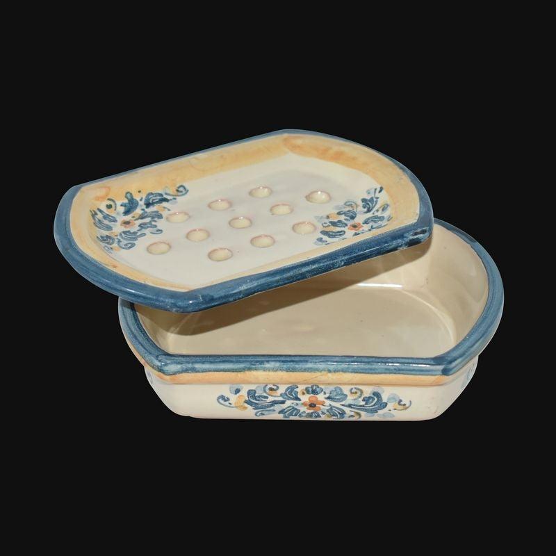 Portasapone in ceramica di Caltagirone fatta a mano con decori blu e gialli, design tradizionale