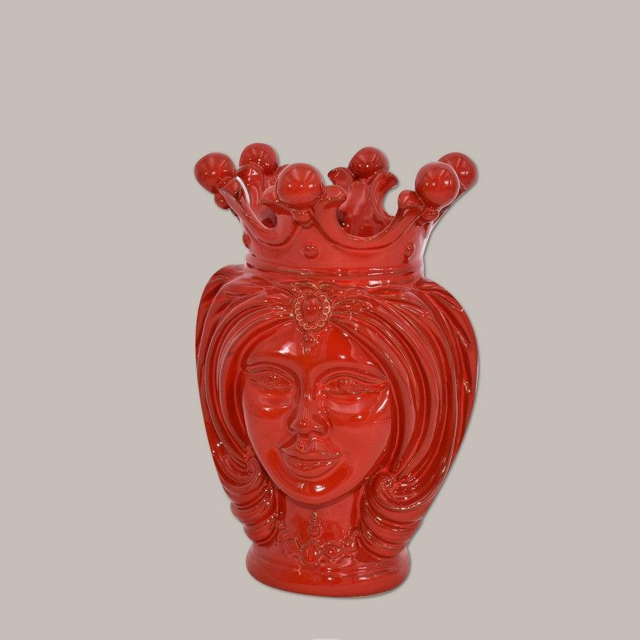 Ceramica rossa fatta a mano con volto femminile e corona, stile Caltagirone artigianale