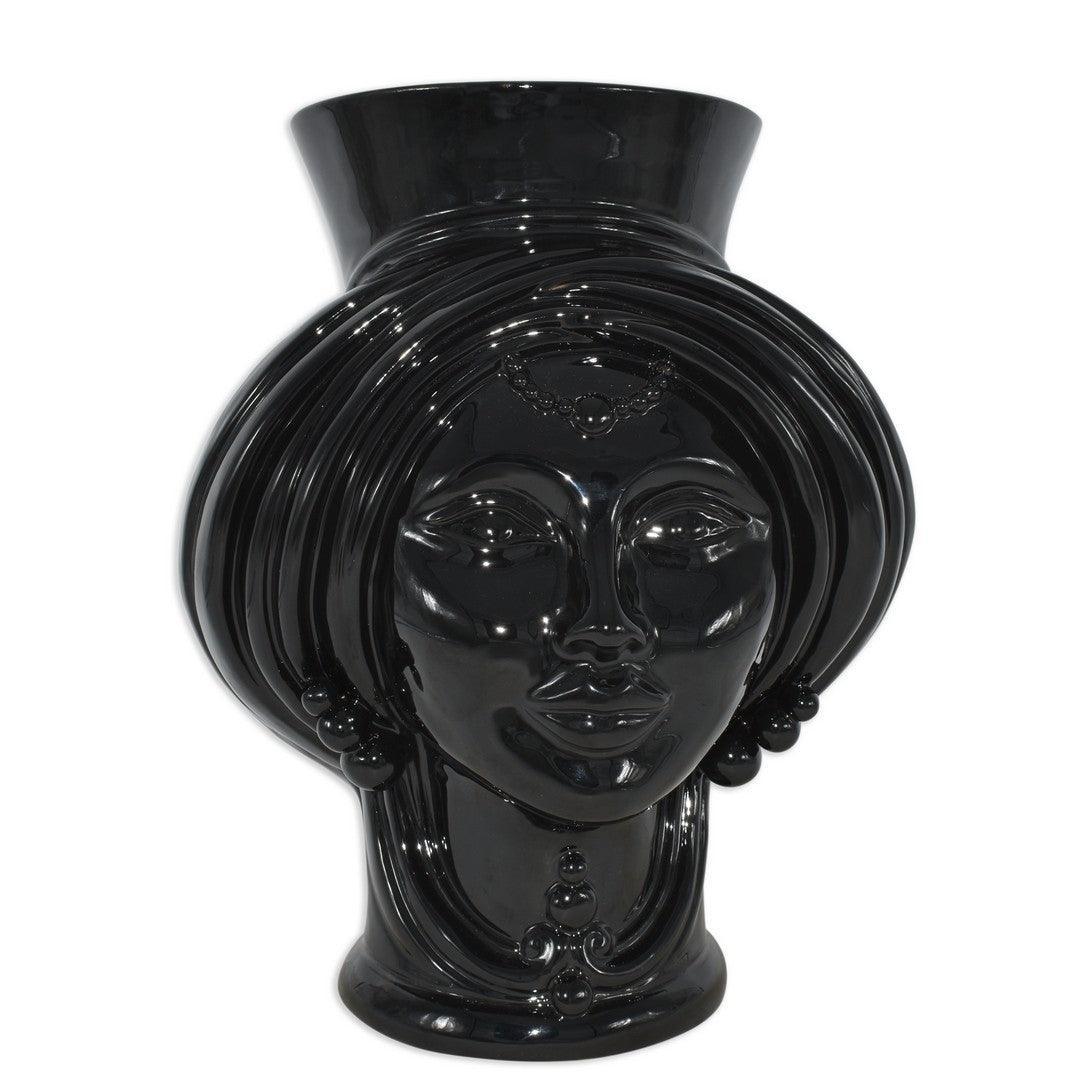 Vaso nero in ceramica di Caltagirone fatta a mano con volto femminile stilizzato