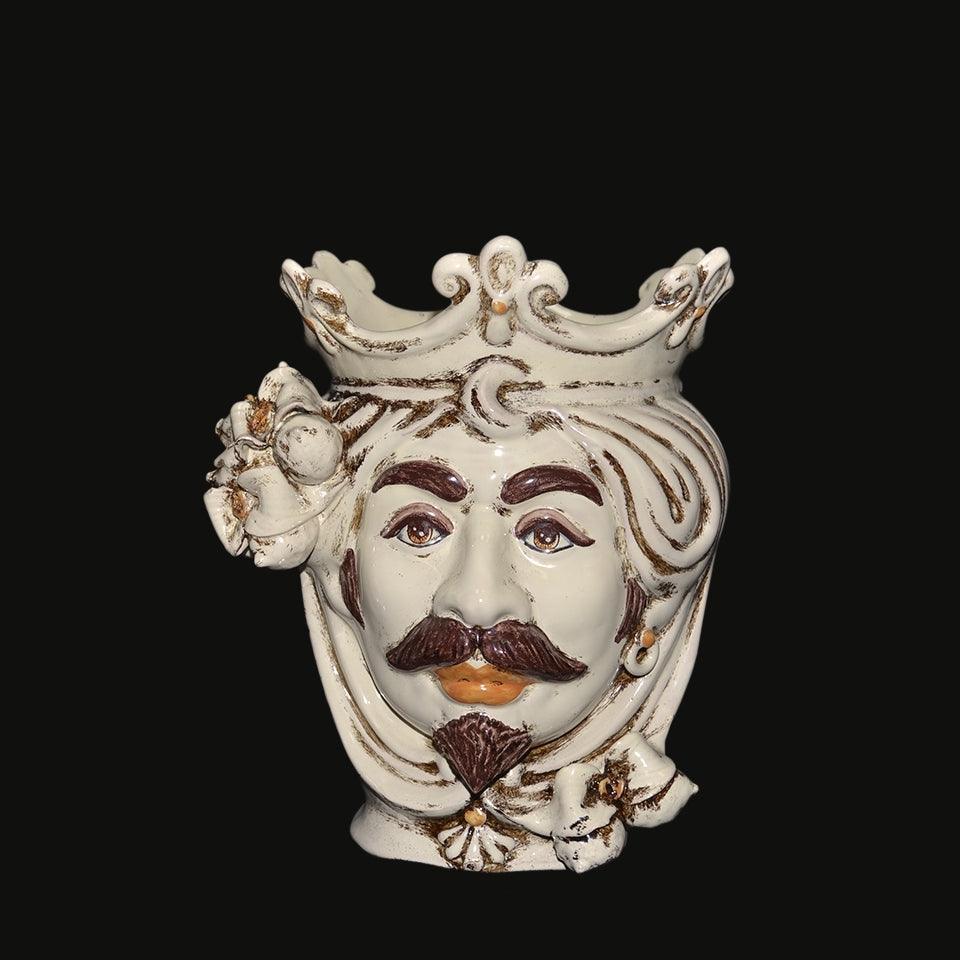 Ceramiche di Caltagirone fatti a mano: vaso volto re con corona e baffi, arte tradizionale siciliana