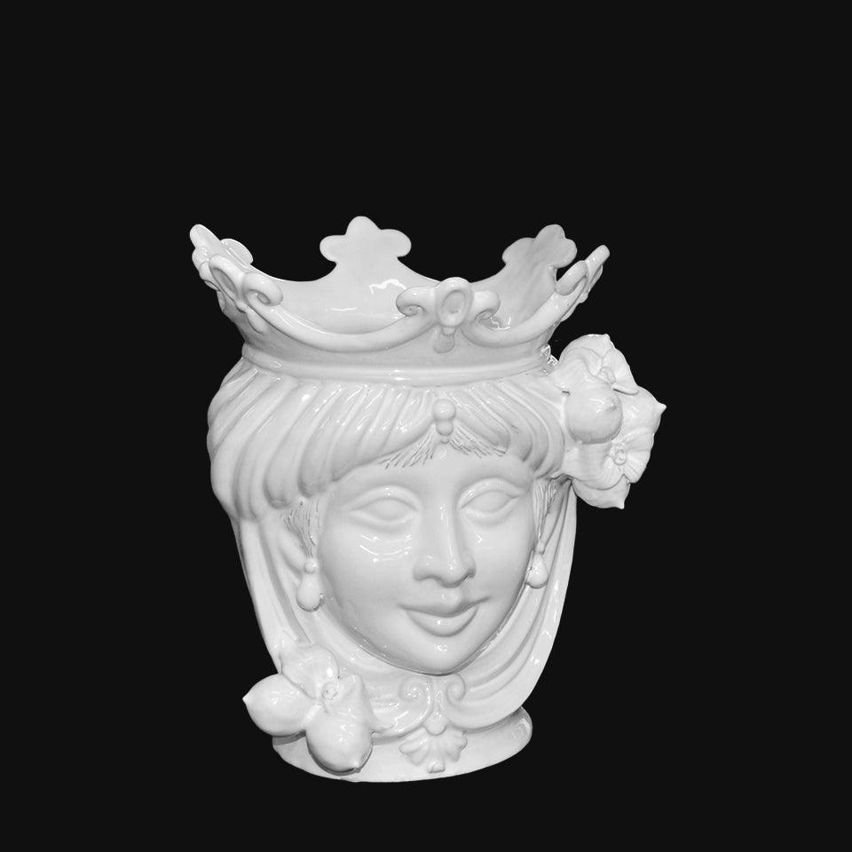 Ceramica di Caltagirone fatta a mano, testa femminile con corona e fiori, stile artistico tradizionale