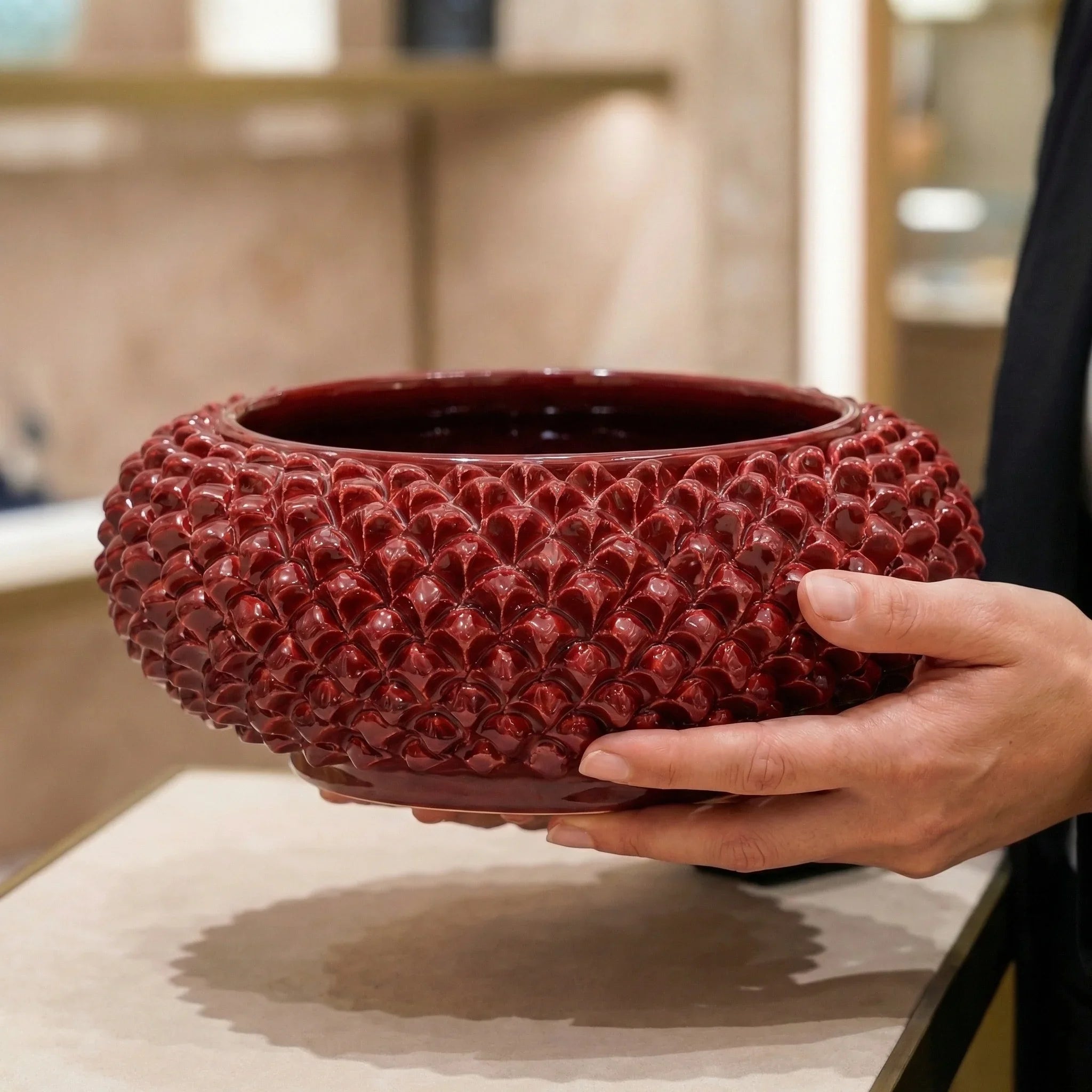Italian Pine Cone Centerpiece Ø 25/33 cm / Ø 10-13", Bordeaux – Sicilian tradition from Caltagirone