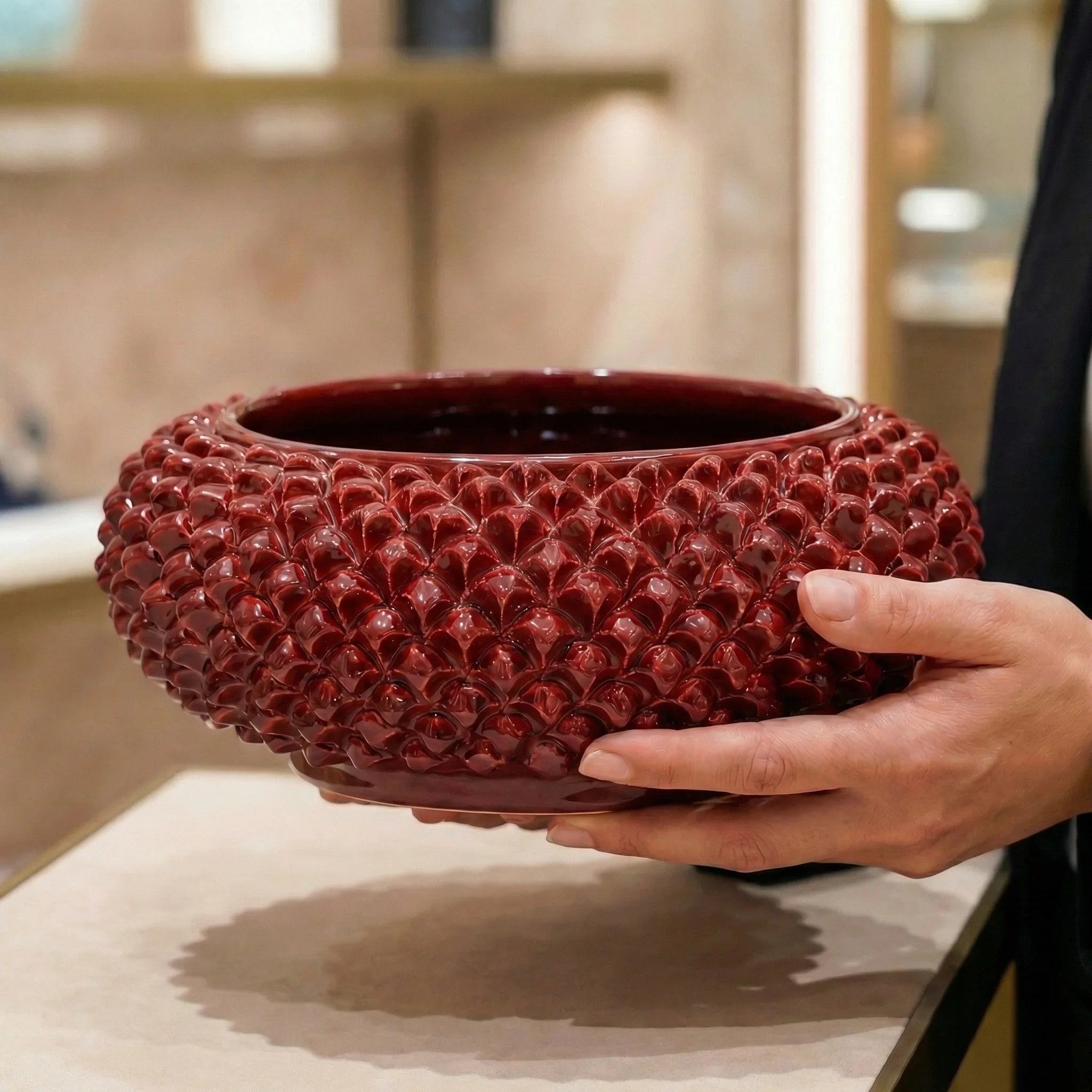 Italian Pine Cone Centerpiece Ø 25/33 cm / Ø 10-13", Bordeaux – Sicilian tradition from Caltagirone