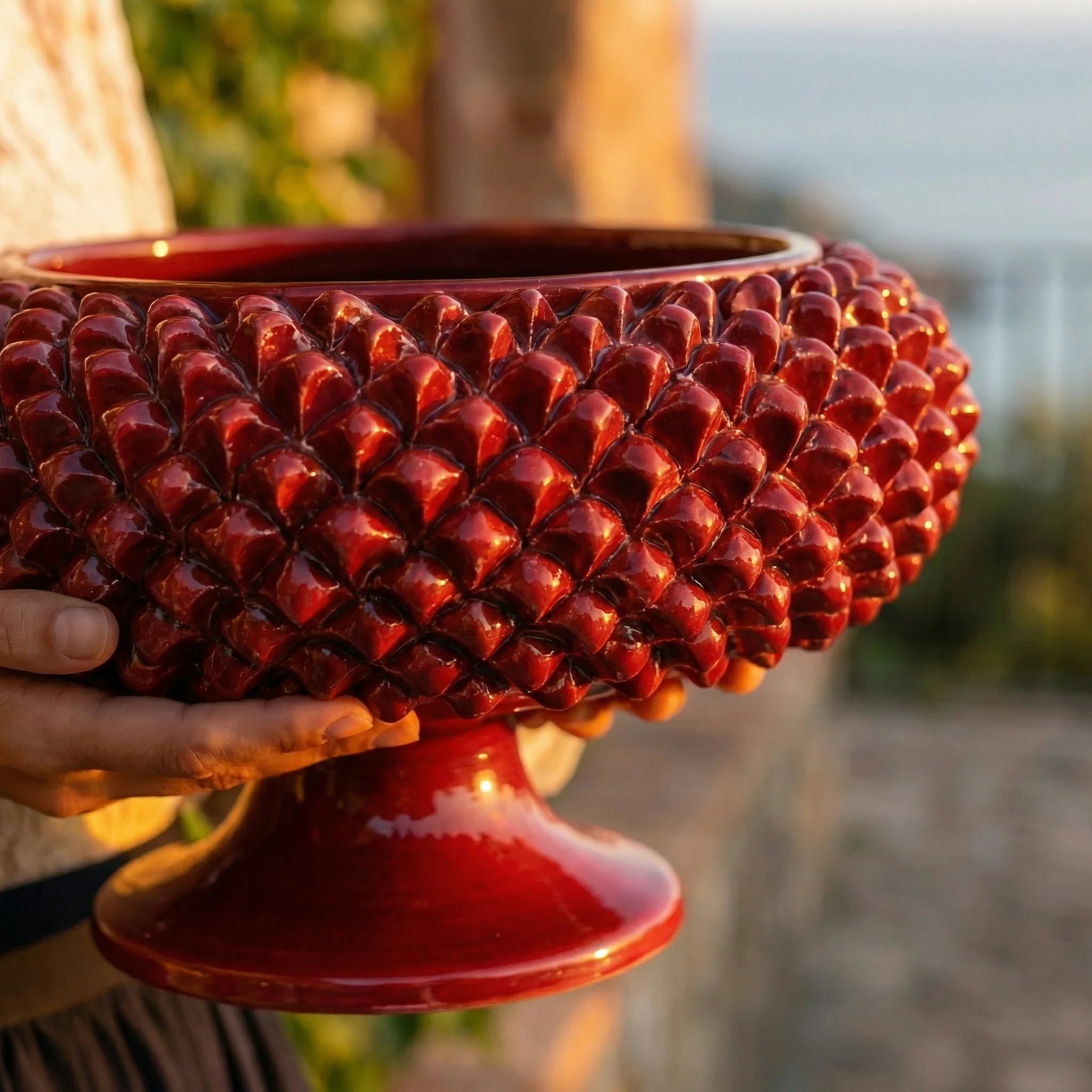 Sicilian Pine Cone Cake Stand Ø 25/33 cm / Ø 10-13", Bordeaux – Italian pine cone ceramic from Caltagirone, Sicily