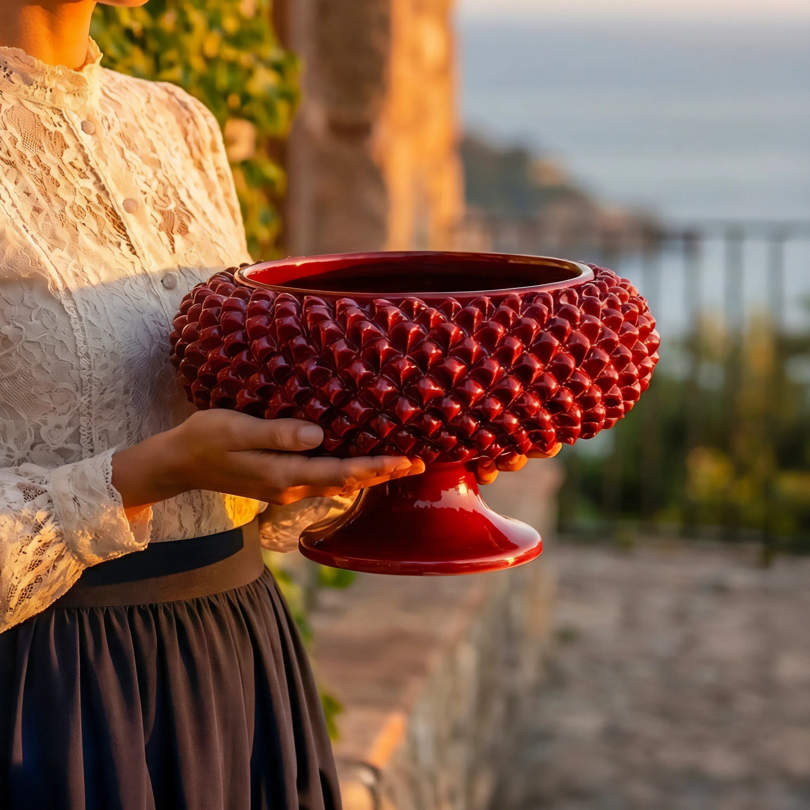 Sicilian Pine Cone Cake Stand Ø 25/33 cm / Ø 10-13", Bordeaux – Italian pine cone ceramic from Caltagirone, Sicily