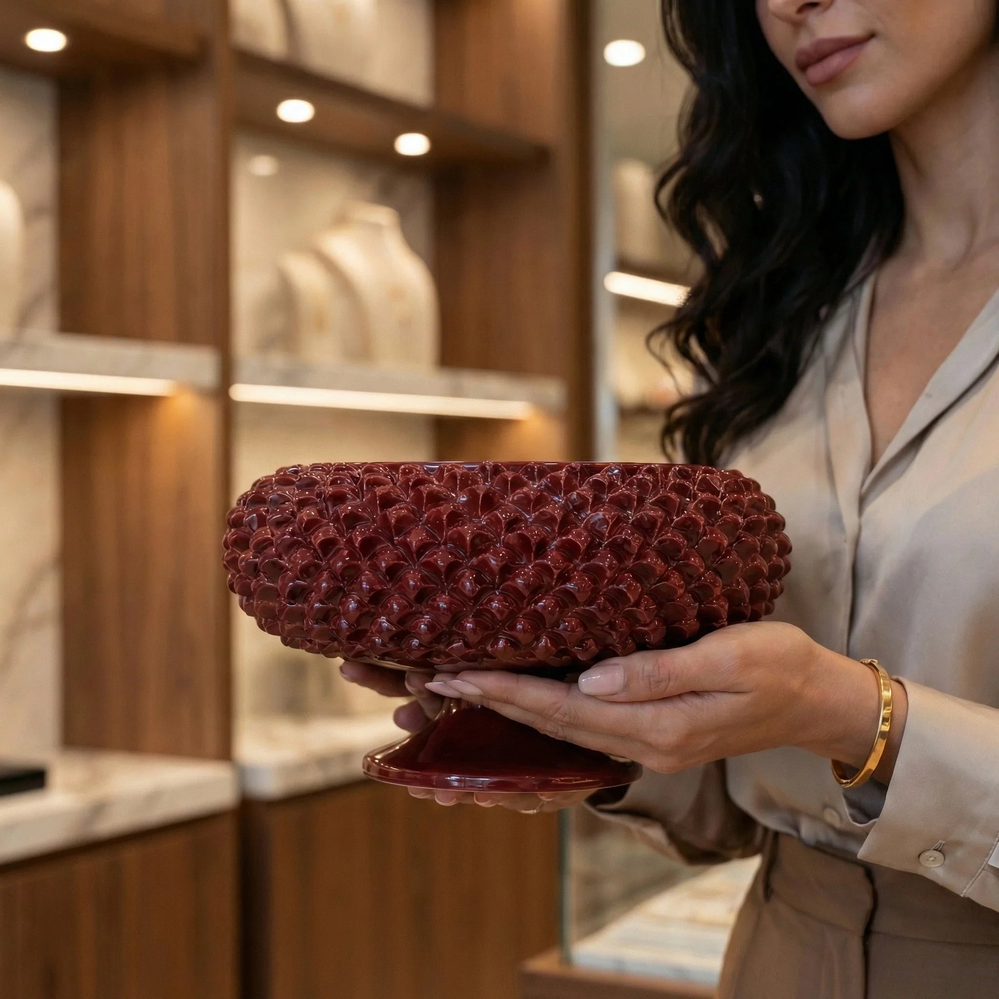 Sicilian Pine Cone Cake Stand Ø 25/33 cm / Ø 10-13", Bordeaux – Italian pine cone ceramic from Caltagirone, Sicily