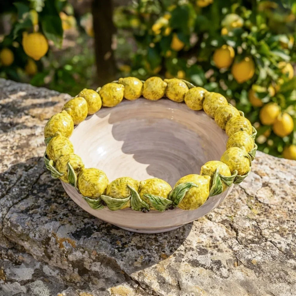 Sicilian Ceramic Centerpiece Ø 38 cm / Ø 15", Sicilian Lemons, Mother of Pearl – Italian ceramic from Caltagirone, Sicily
