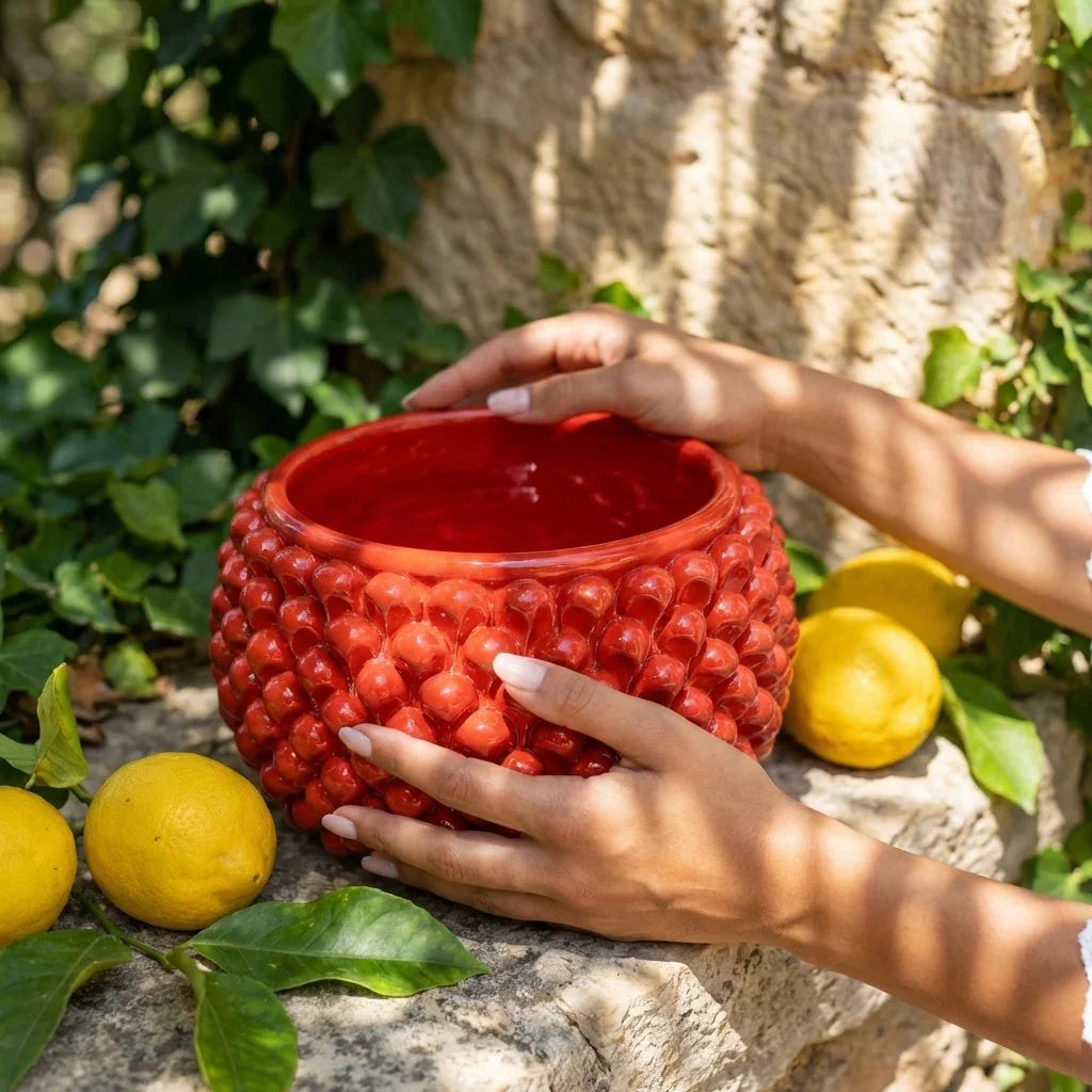 Half Pine Cone Vase, Fire Red – Sicilian majolica handcrafted in Caltagirone