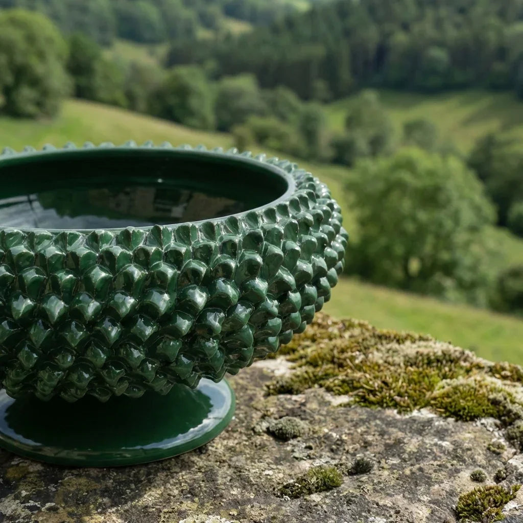 Sicilian Pine Cone Cake Stand Ø 25/33 cm / Ø 10-13", Antique Green – Caltagirone Ceramic – Sicilian Pine Cone Tradition