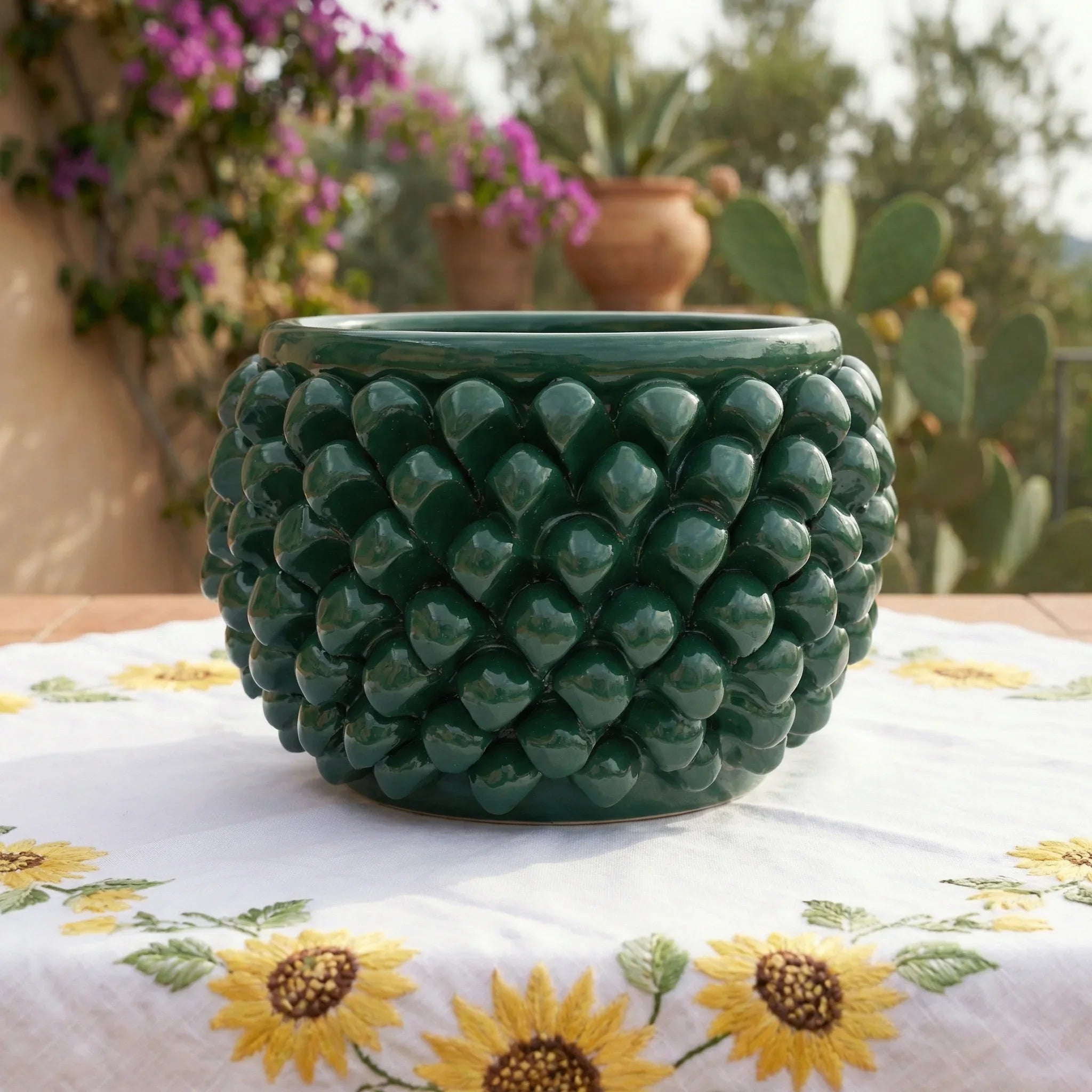 Half Pine Cone Vase, Antique Green – Sicilian majolica handcrafted in Caltagirone