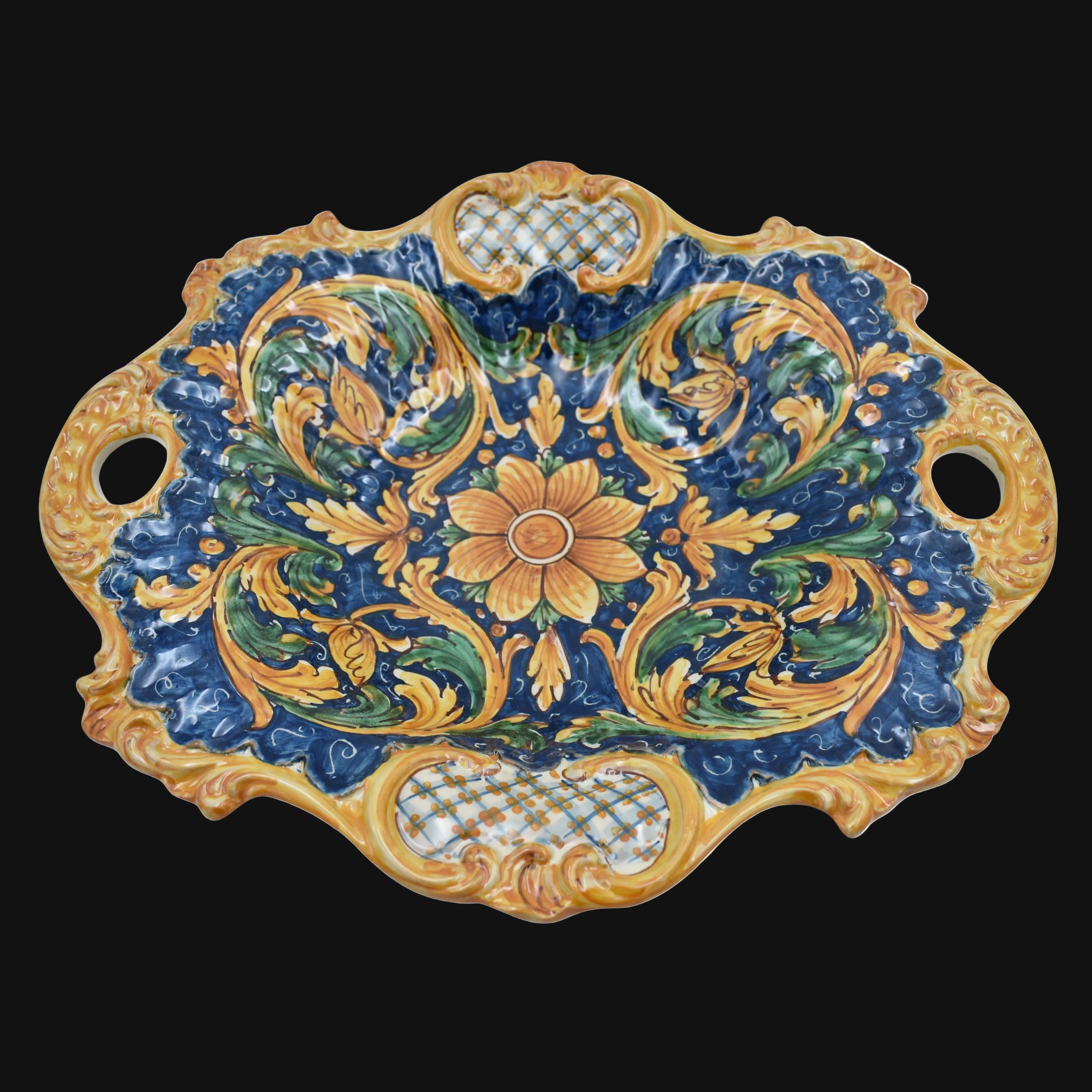 Sicilian Ceramic Centerpiece 38×33 cm / 15×13", Calatino Ornament – Sicilian majolica handcrafted in Caltagirone