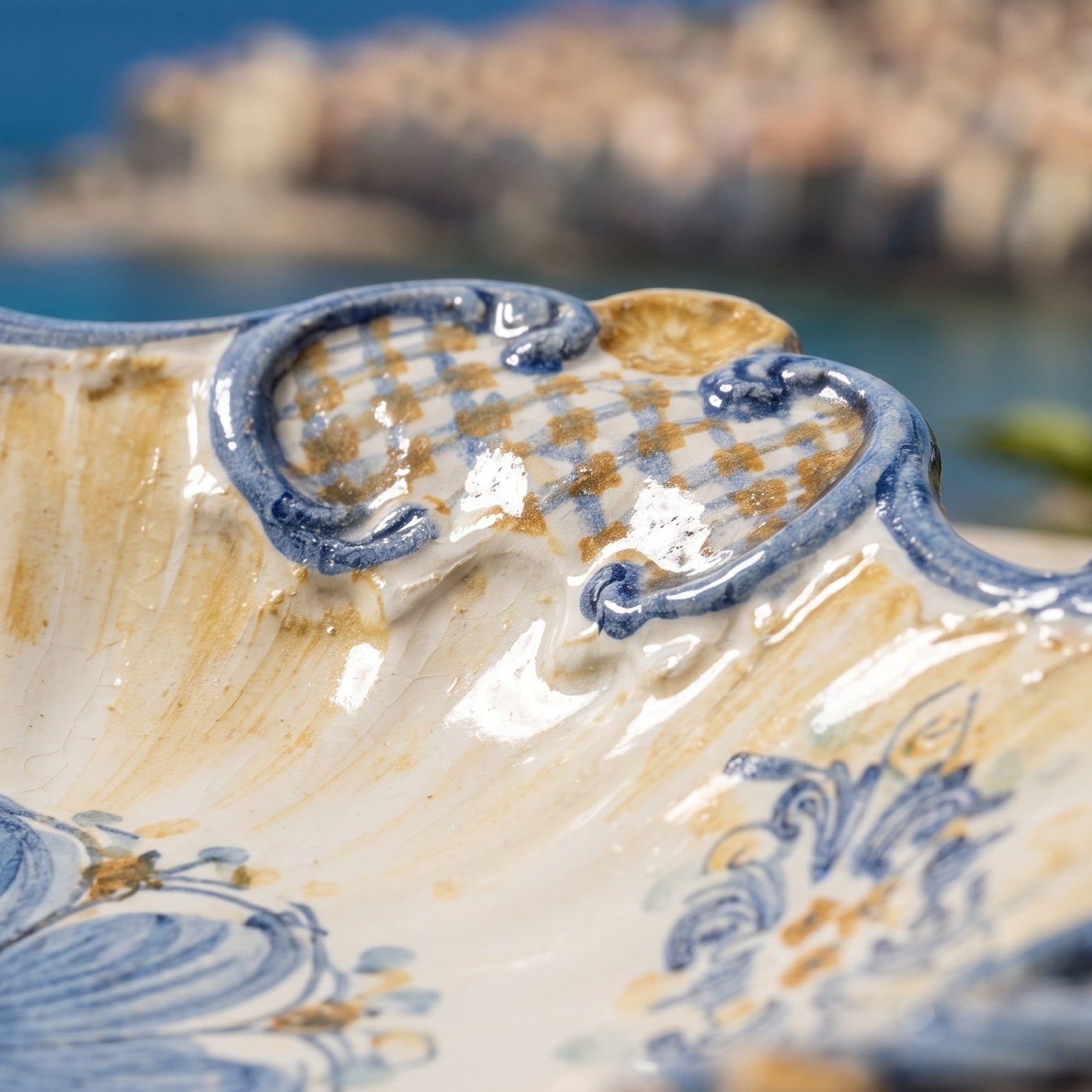 Sicilian Ceramic Centerpiece 38×33 cm / 15×13", Blue and Orange, Art Edition – Caltagirone Ceramic – Sicilian artisan tradition