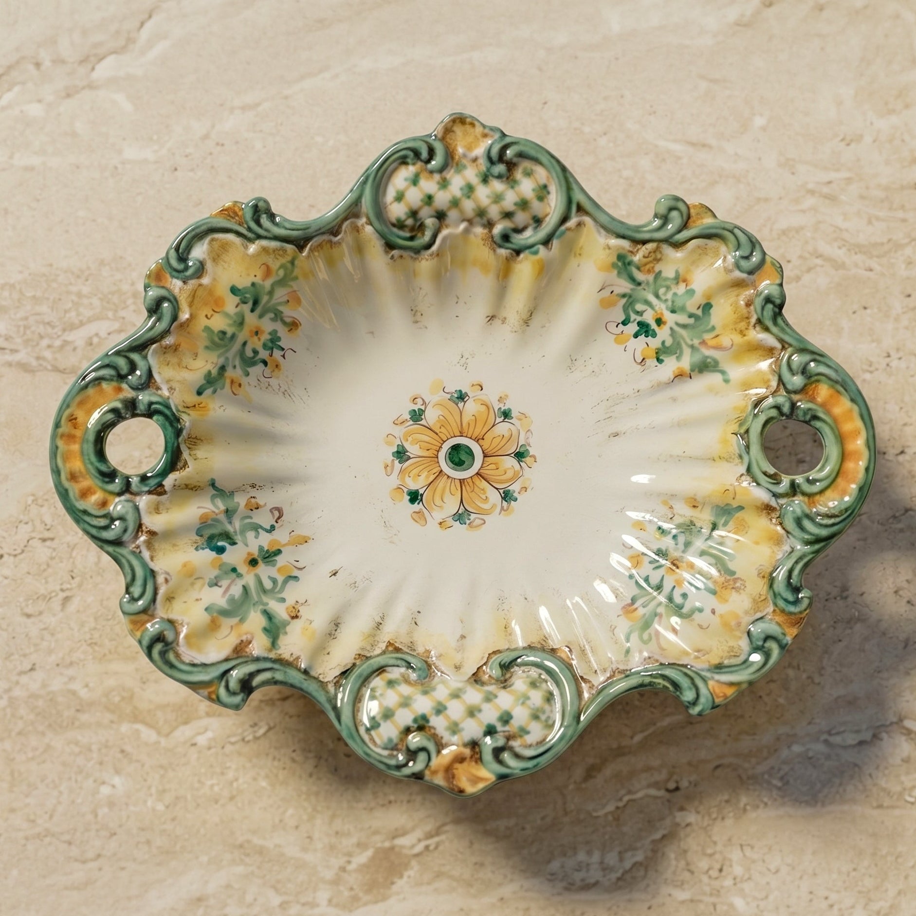 Sicilian Ceramic Centerpiece 38×33 cm / 15×13", Green and Orange, Art Edition – Italian ceramic from Caltagirone, Sicily