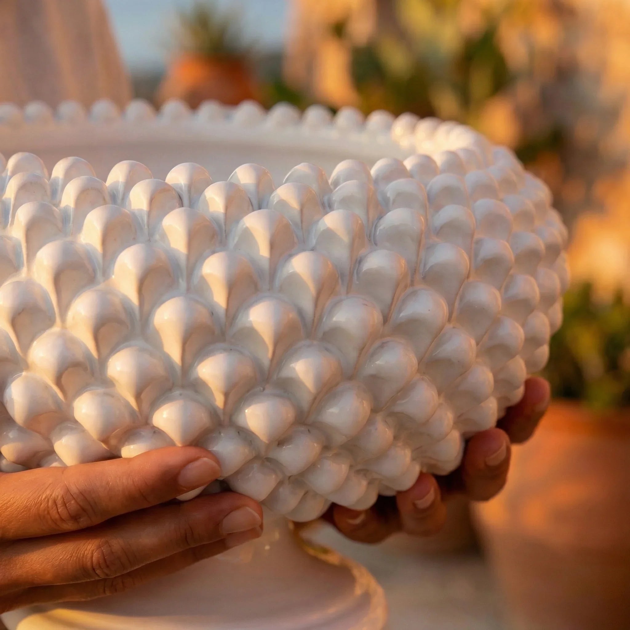 Sicilian Pine Cone Cake Stand Ø 25/33 cm / Ø 10-13", White Line – Caltagirone Ceramic – Sicilian Pine Cone Tradition