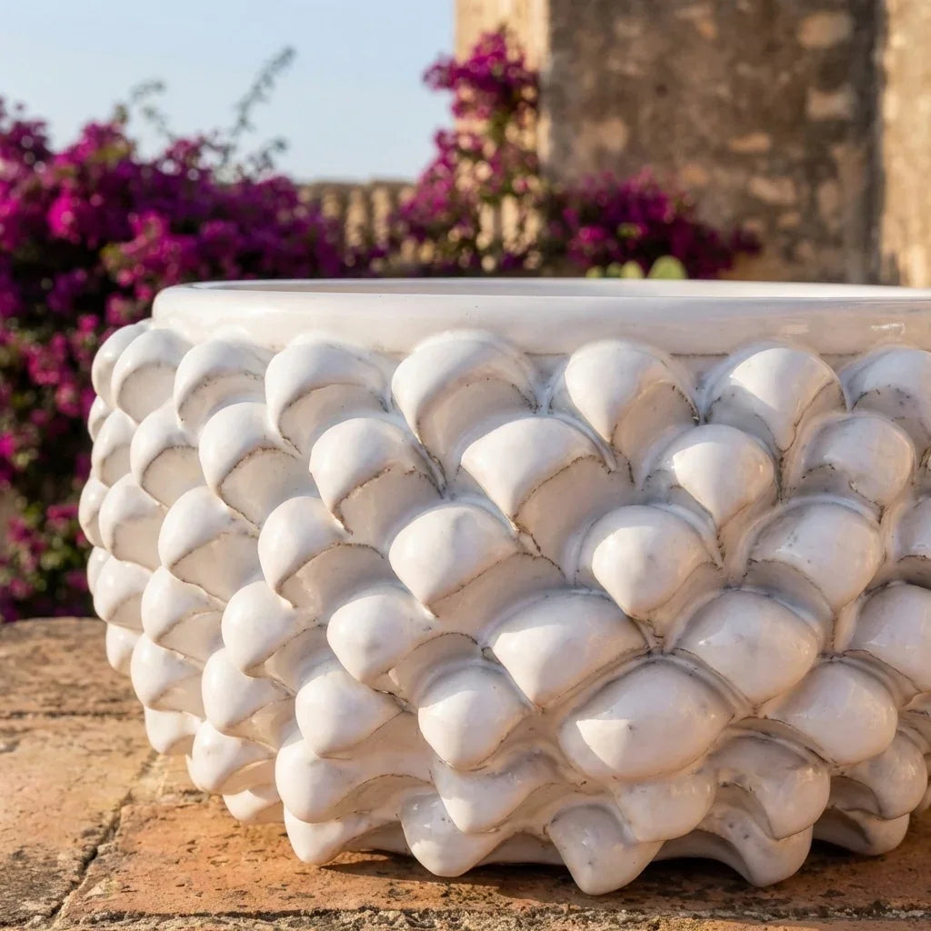 Half Pine Cone Vase, White Line – Italian ceramic from Caltagirone, Sicily