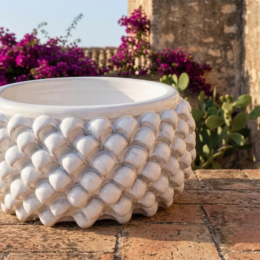 Half Pine Cone Vase, White Line – Italian ceramic from Caltagirone, Sicily