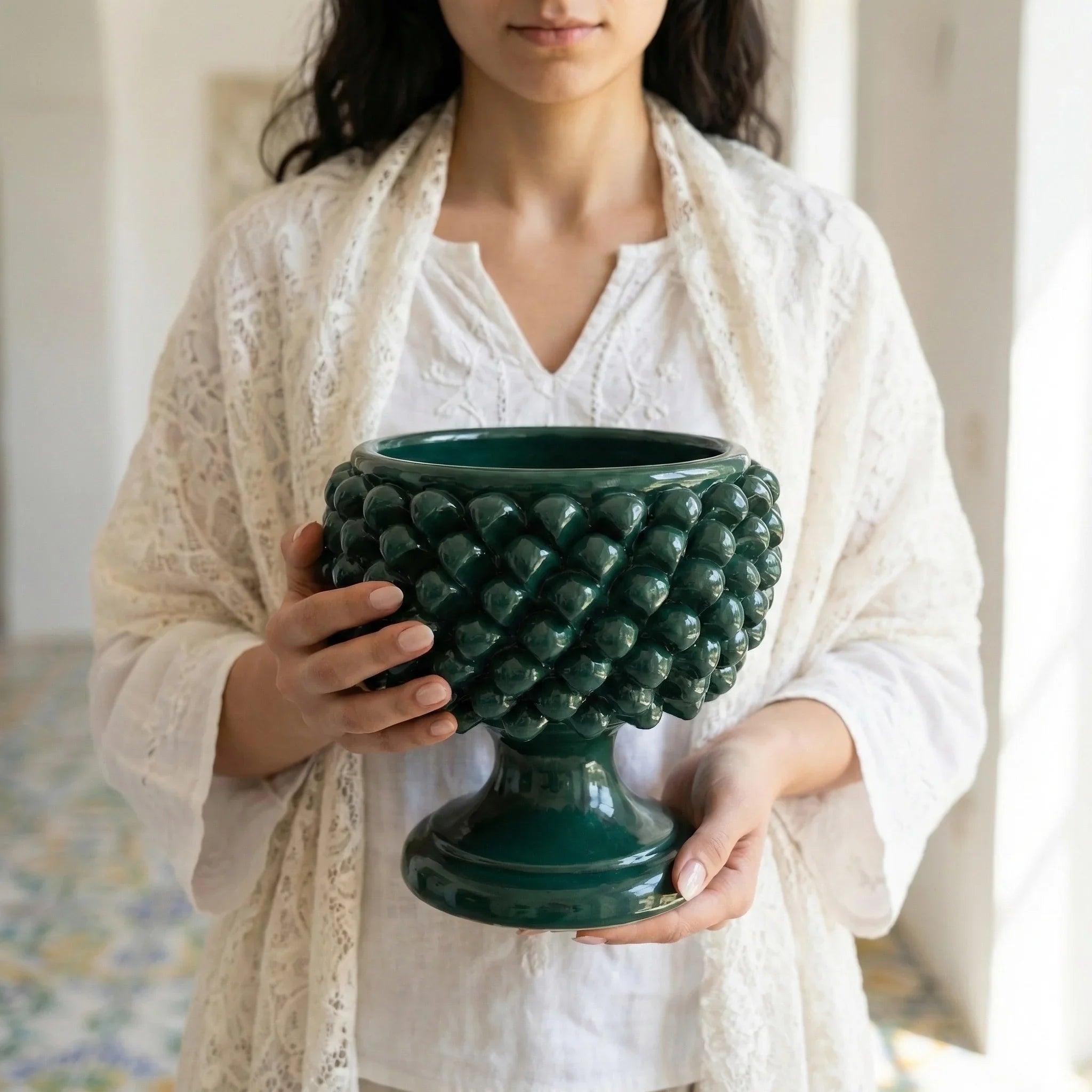 Half Pine Cone Vase, Antique Green – Italian ceramic from Caltagirone, Sicily
