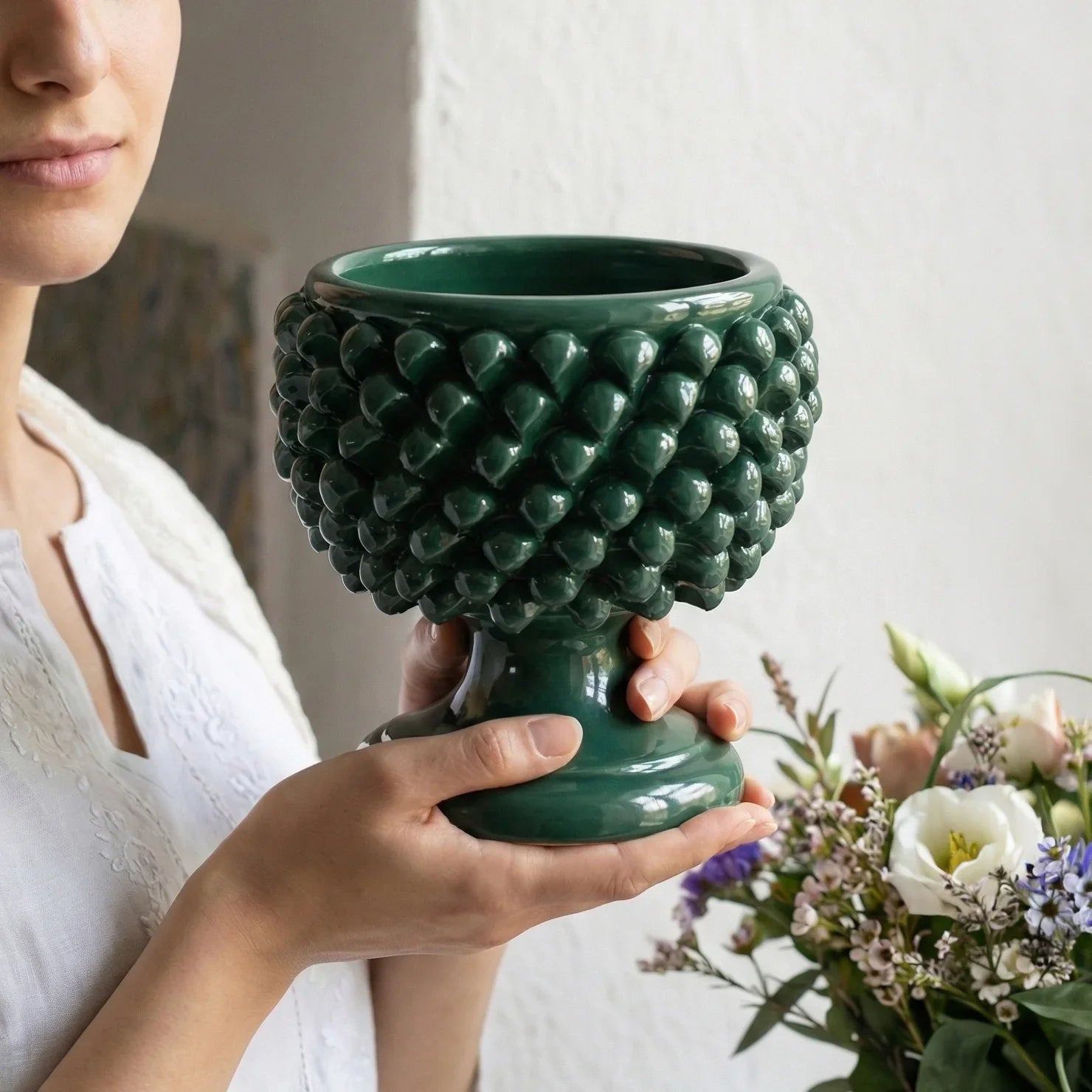 Half Pine Cone Vase, Antique Green – Italian ceramic from Caltagirone, Sicily