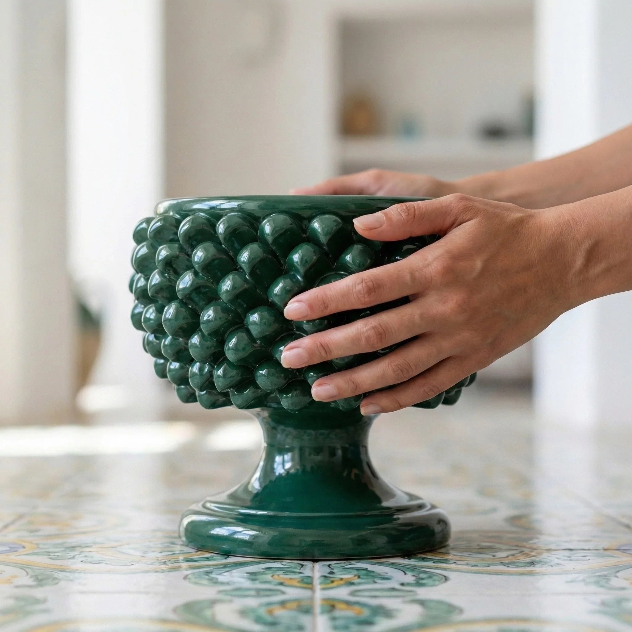 Half Pine Cone Vase, Antique Green – Italian ceramic from Caltagirone, Sicily