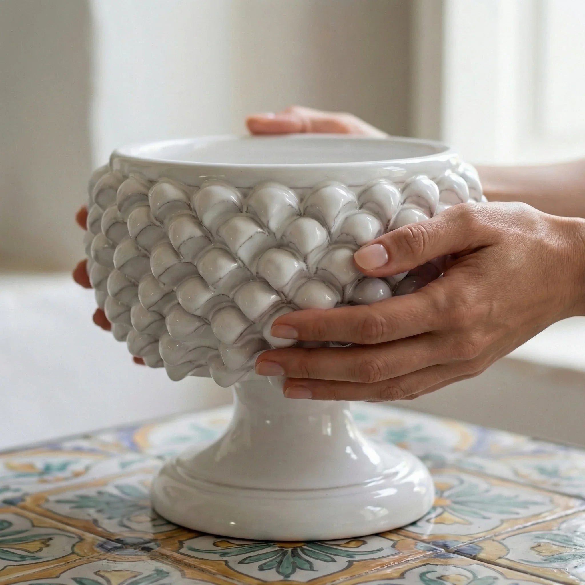 Half Pine Cone Vase, White Line – Italian ceramic from Caltagirone, Sicily