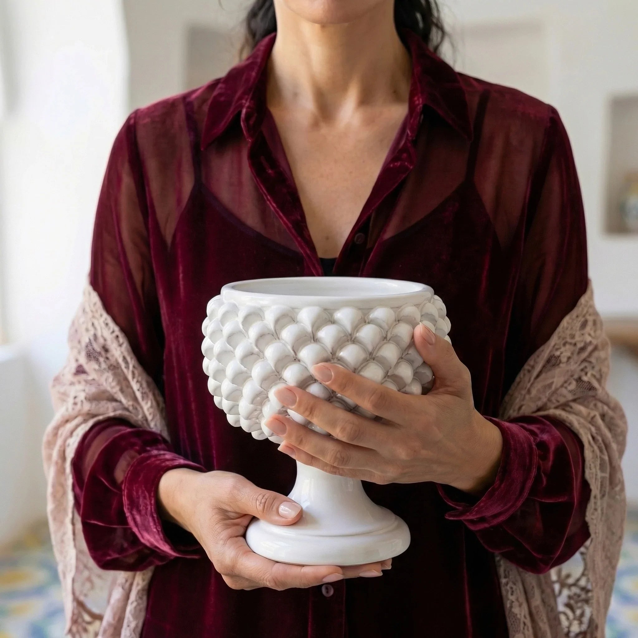 Half Pine Cone Vase, White Line – Italian ceramic from Caltagirone, Sicily