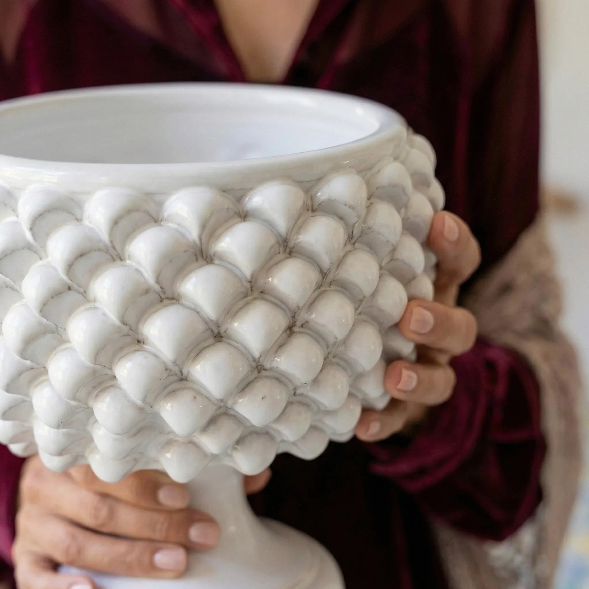 Half Pine Cone Vase, White Line – Italian ceramic from Caltagirone, Sicily