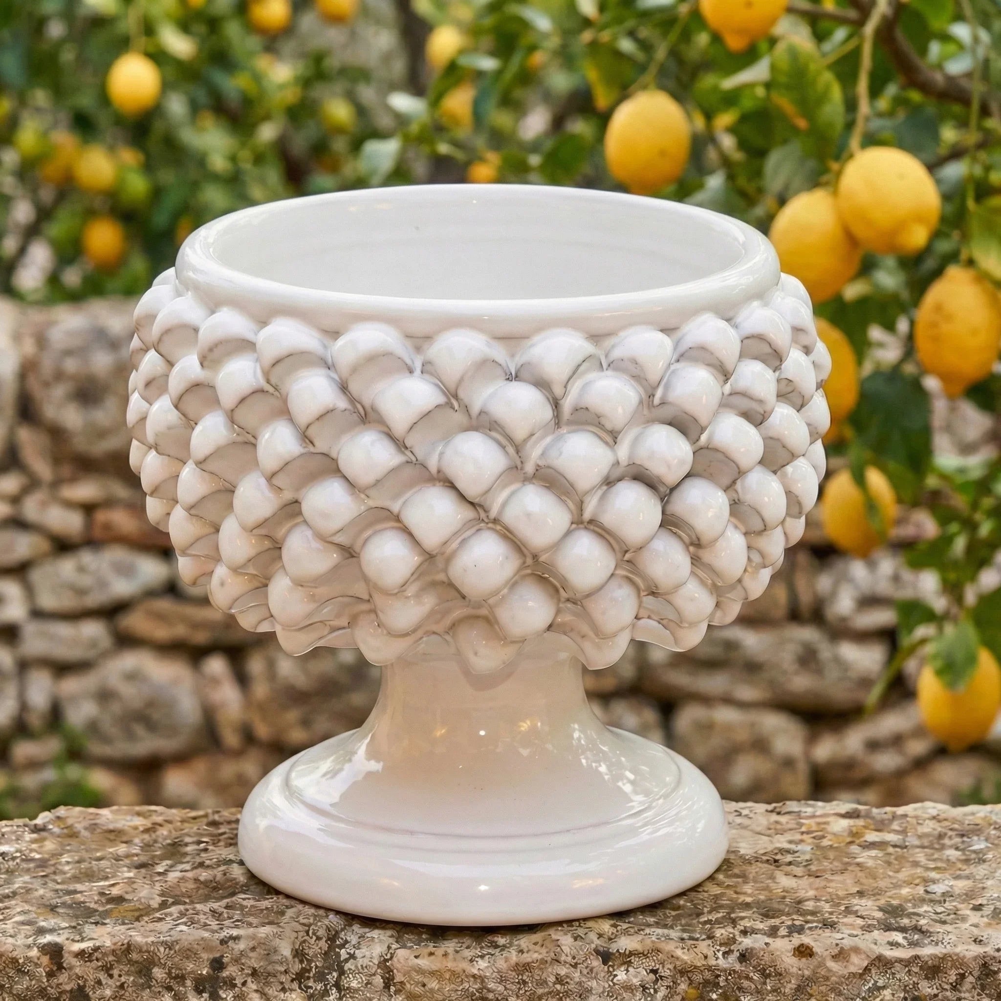 Half Pine Cone Vase, White Line – Italian ceramic from Caltagirone, Sicily