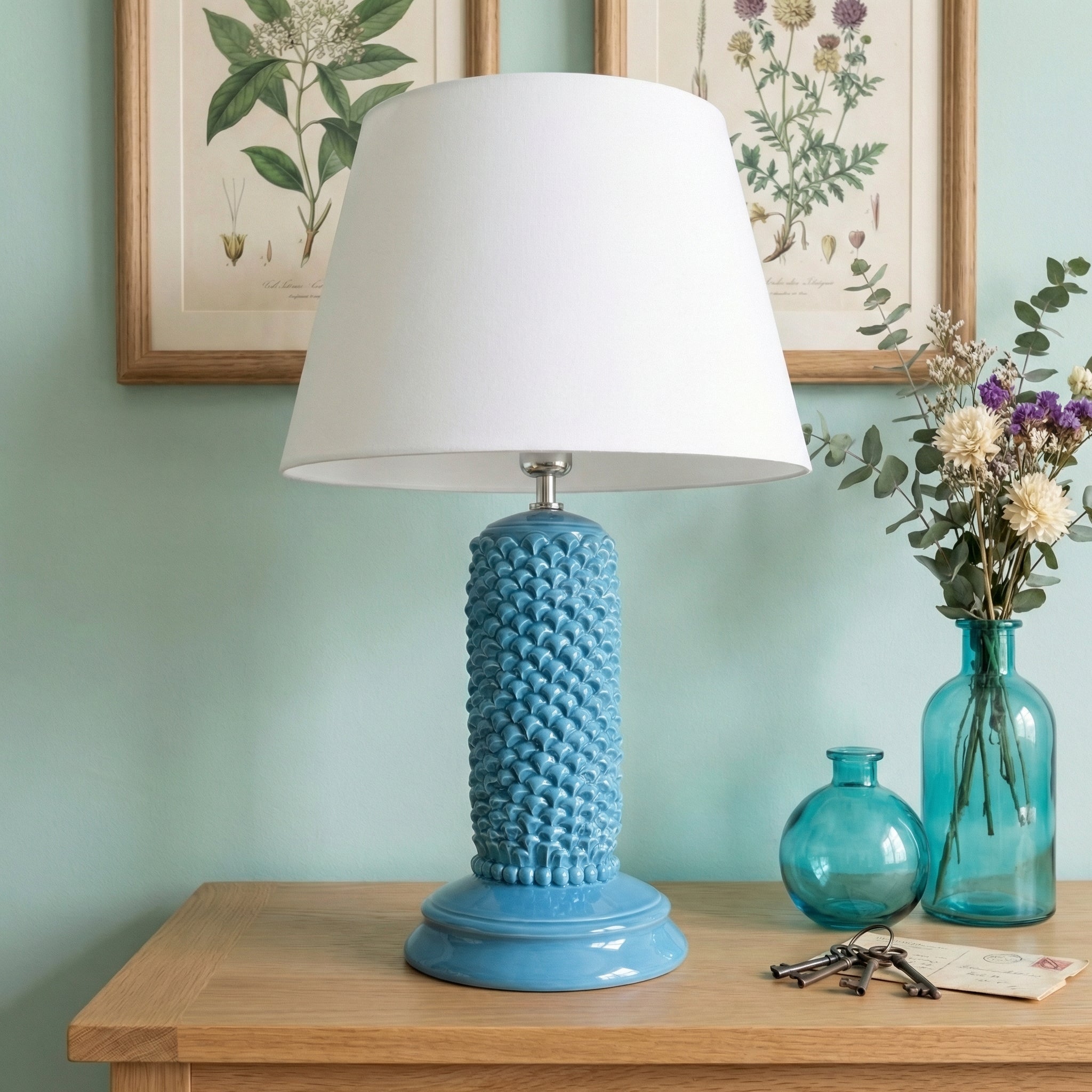 Sicilian Pine Cone Lamp H 60 cm / 23.6", Turquoise – Italian ceramic from Caltagirone, Sicily