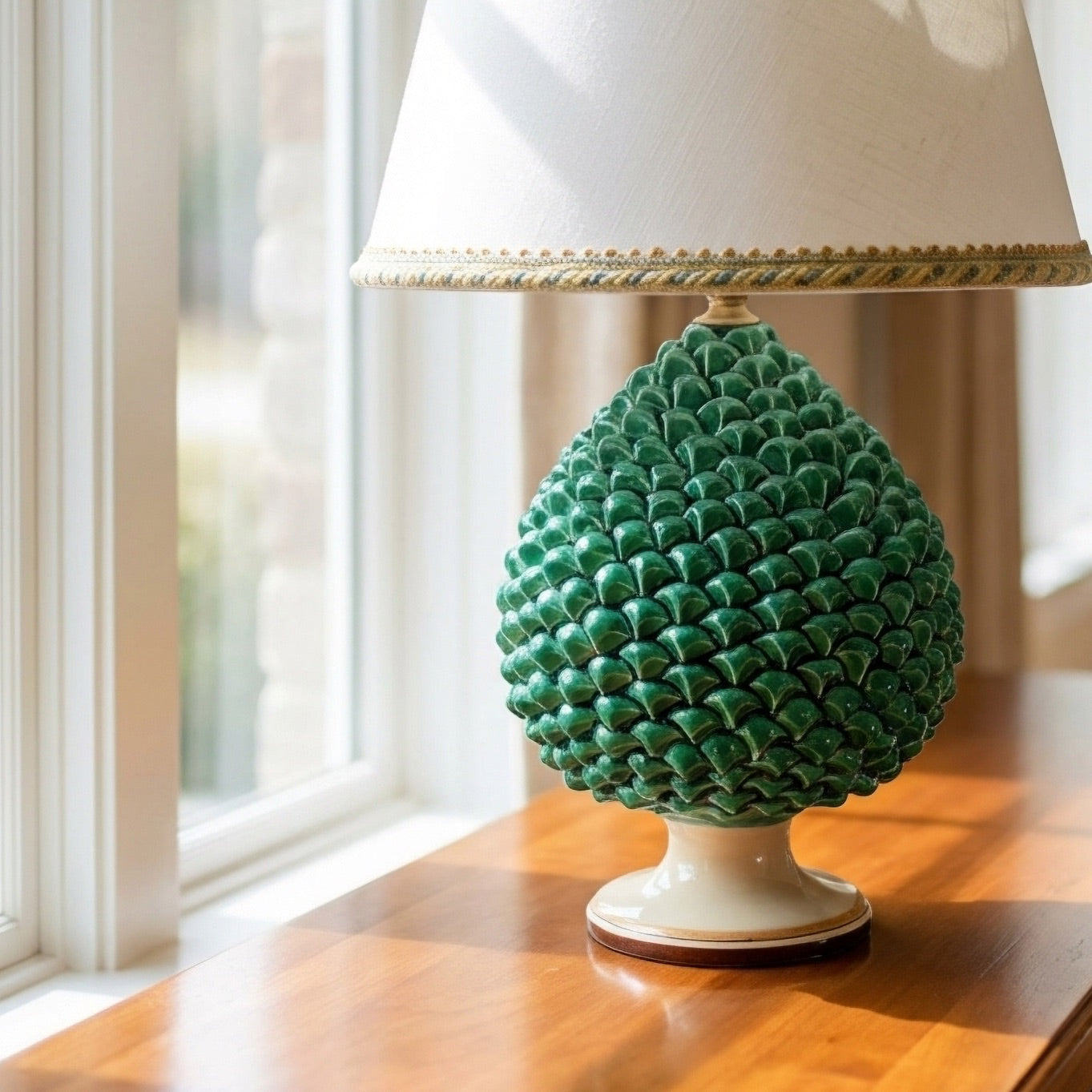 Sicilian Pine Cone Lamp, Blue and Orange – Caltagirone Ceramic – Italian ceramic lamp tradition