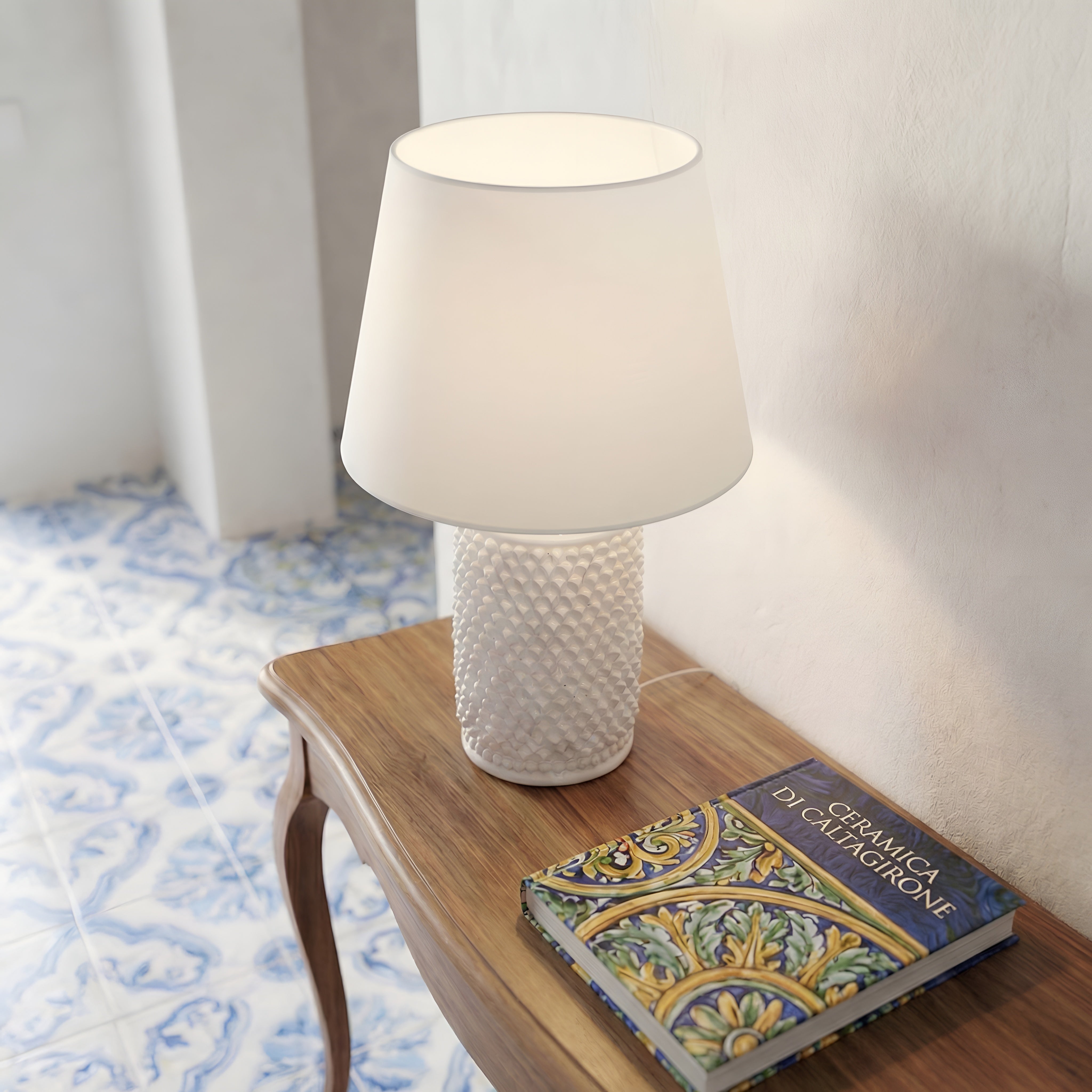 Sicilian Pine Cone Lamp H 60 cm / 23.6", White Line – Italian ceramic from Caltagirone, Sicily