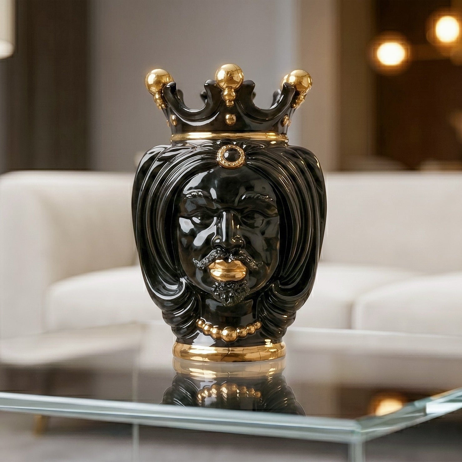 Sicilian Head Vase H 25 cm / 9.8", Woman, Black and Gold – Testa di Moro from Caltagirone, Sicily