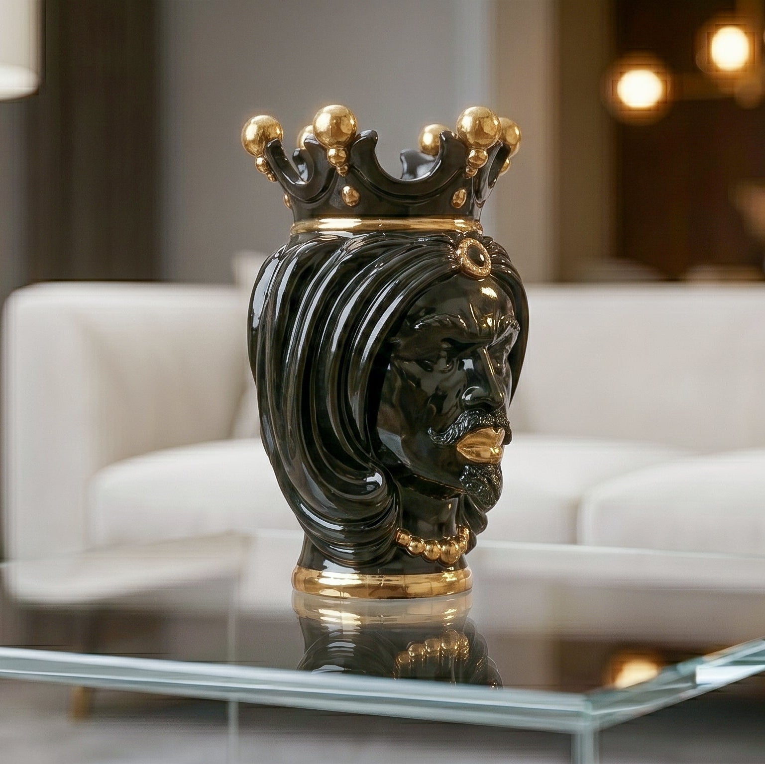 Sicilian Head Vase H 25 cm / 9.8", Woman, Black and Gold – Testa di Moro from Caltagirone, Sicily