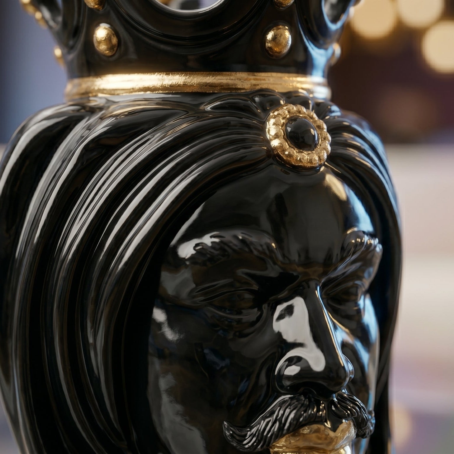 Sicilian Head Vase H 25 cm / 9.8", Woman, Black and Gold – Testa di Moro from Caltagirone, Sicily