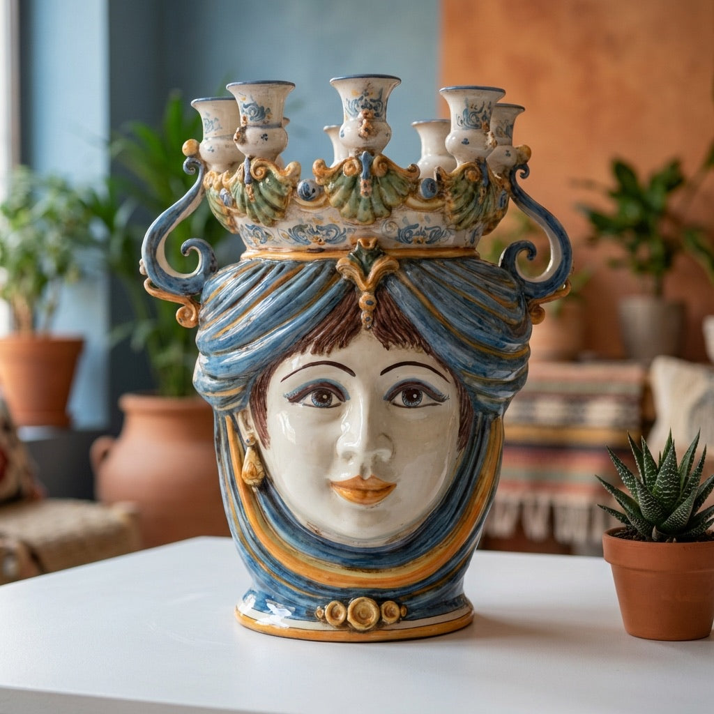 Sicilian Head Vase Candle Holder H 40 cm / 15.7", Woman, Blue and Orange – Testa di Moro from Caltagirone, Sicily